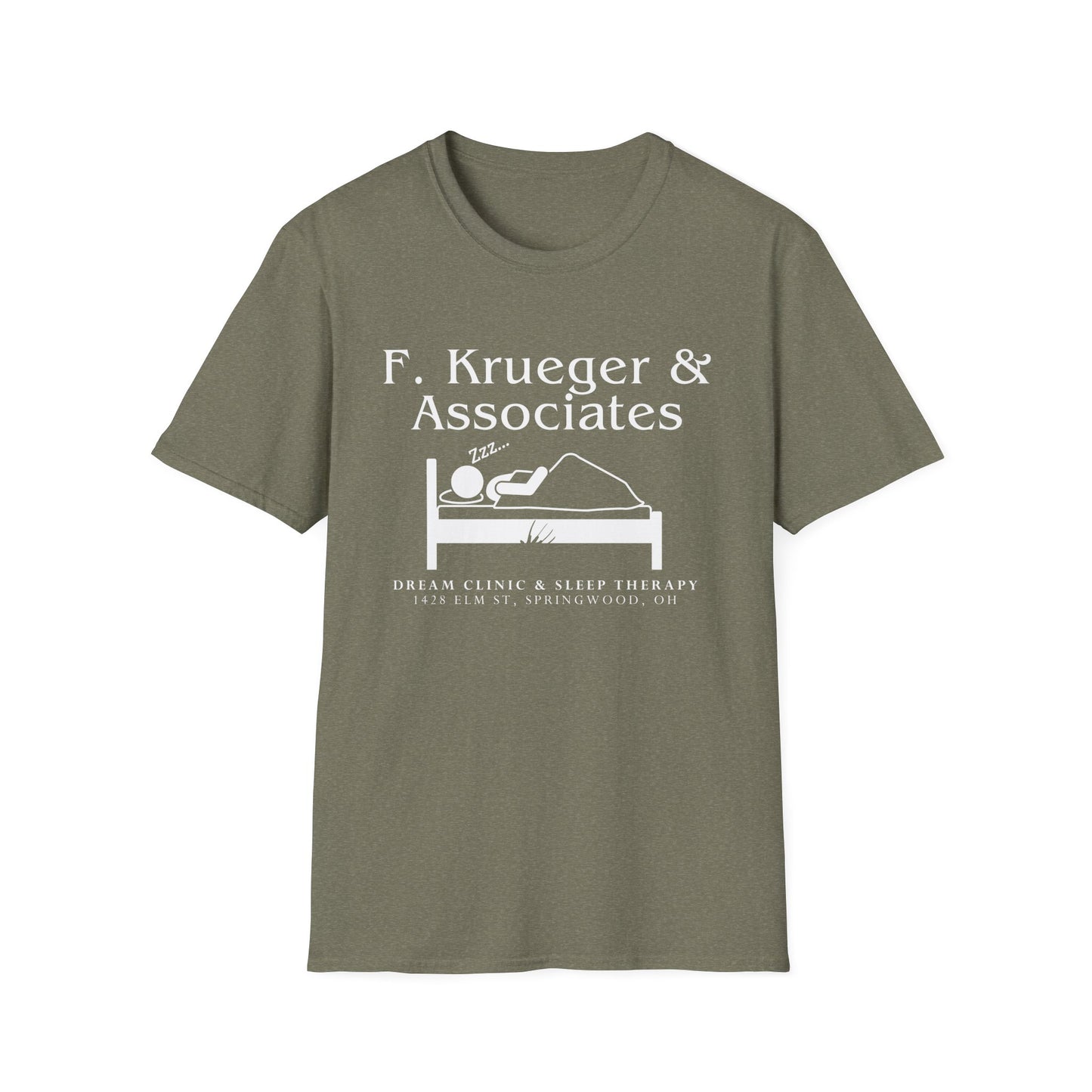 Nightmare on Elm Street Krueger Dream Clinic Funny Horror Movie Unisex T-shirt (Design in White with Claw Scratching Bed)