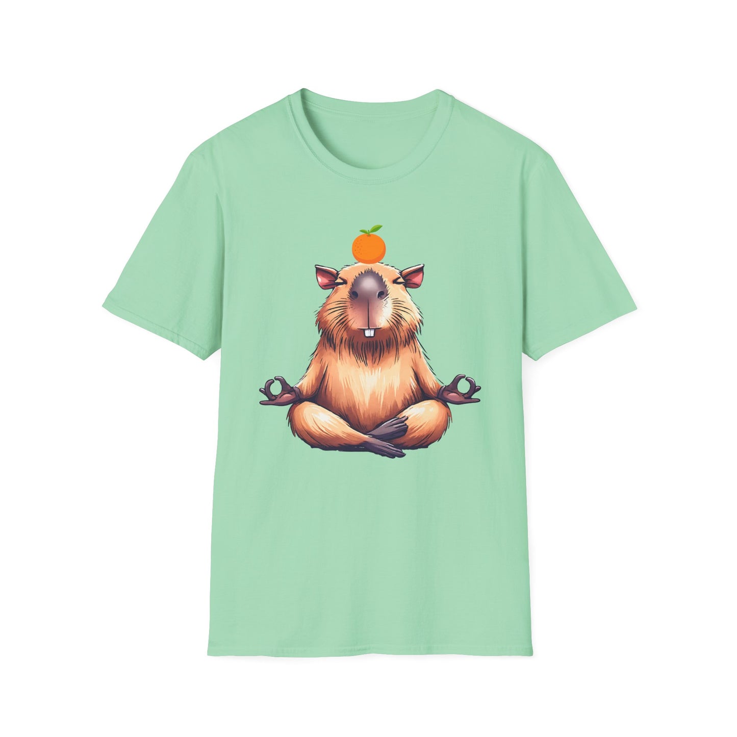 Meditating Capybara Softstyle T-Shirt with Orange on Head