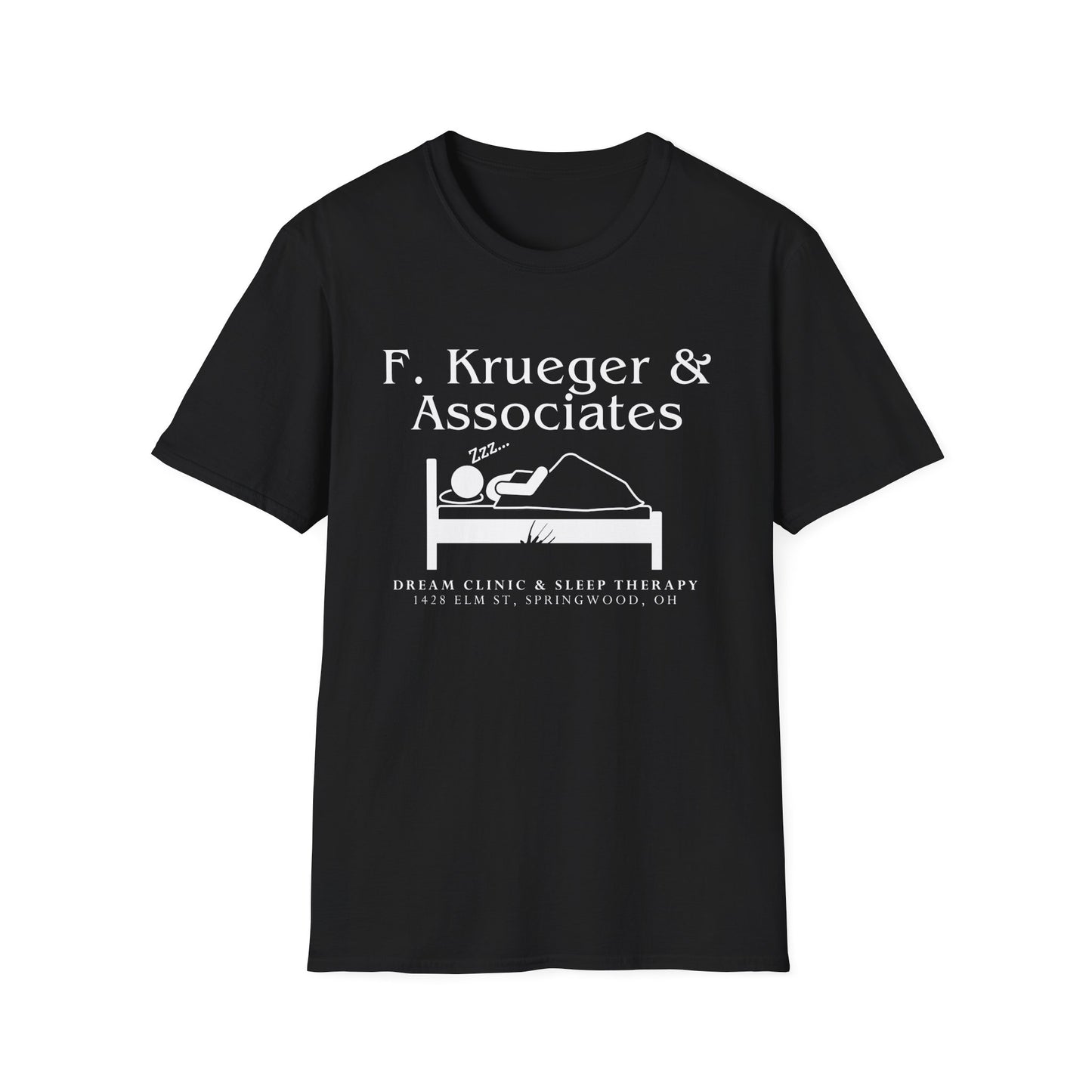 Nightmare on Elm Street Krueger Dream Clinic Funny Horror Movie Unisex T-shirt (Design in White with Claw Scratching Bed)