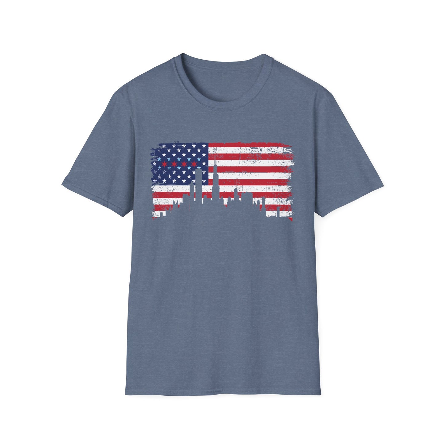 American Flag Distressed T-Shirt with Chicago Skyline and Stars from Chicago Flag