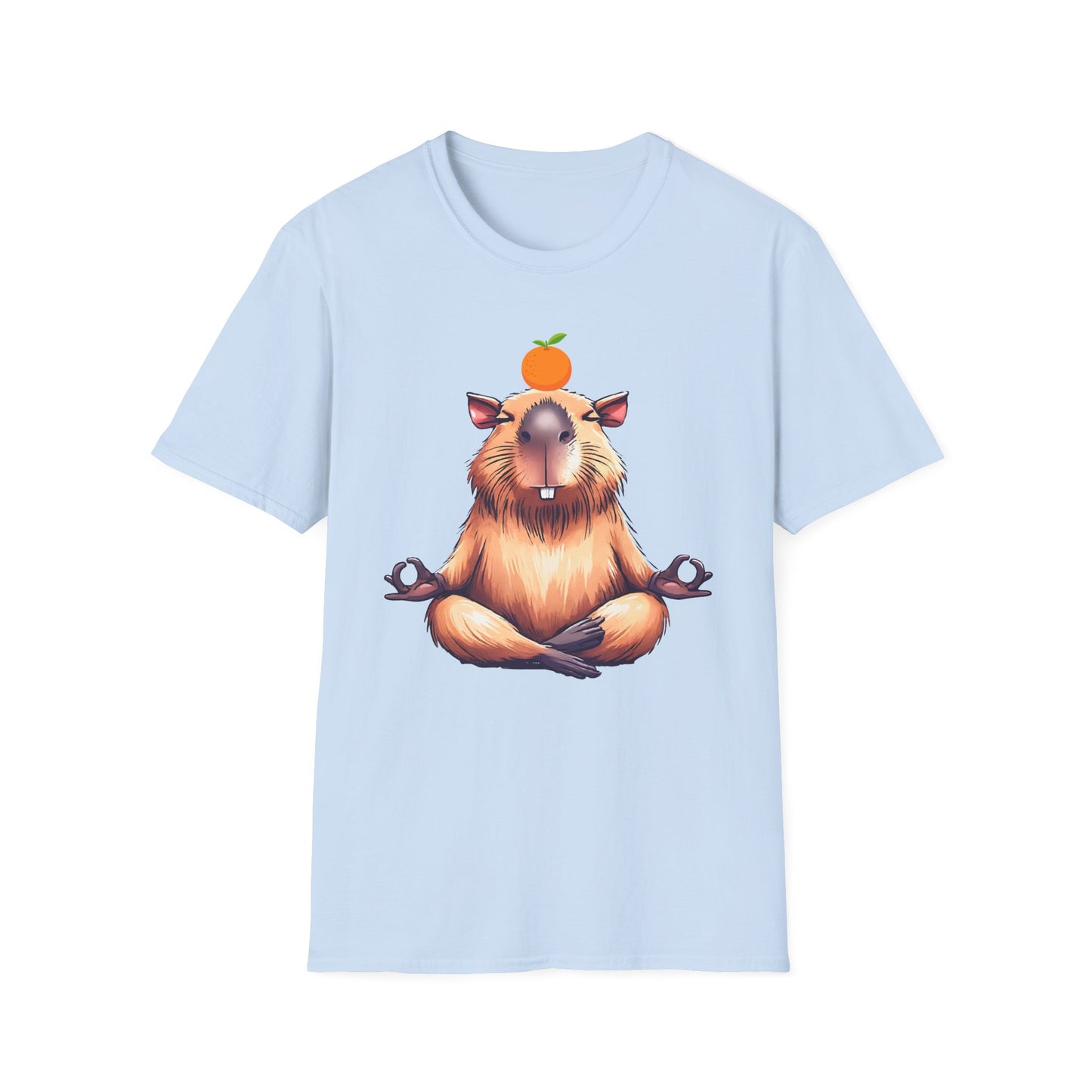 Meditating Capybara Softstyle T-Shirt with Orange on Head