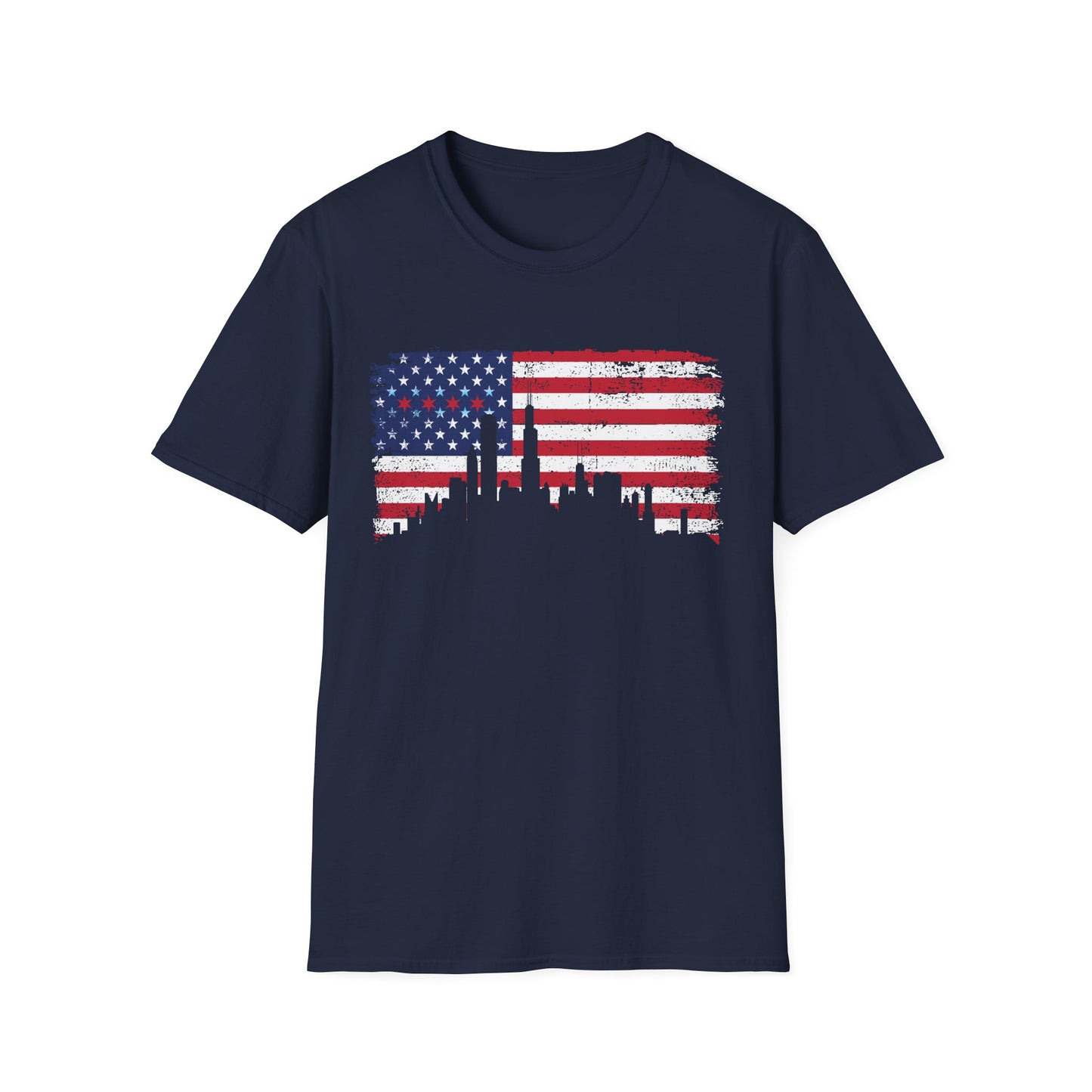American Flag Distressed T-Shirt with Chicago Skyline and Stars from Chicago Flag