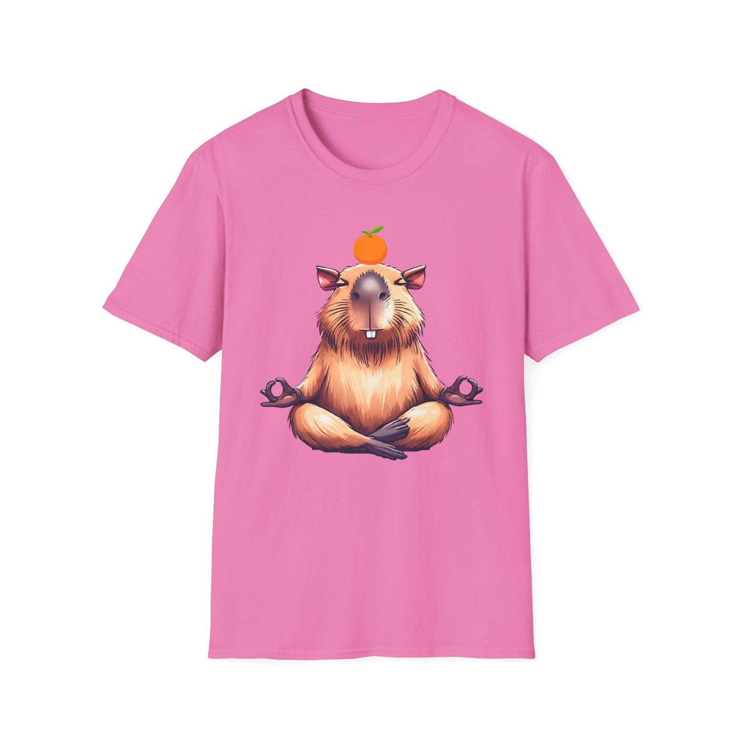 Meditating Capybara Softstyle T-Shirt with Orange on Head