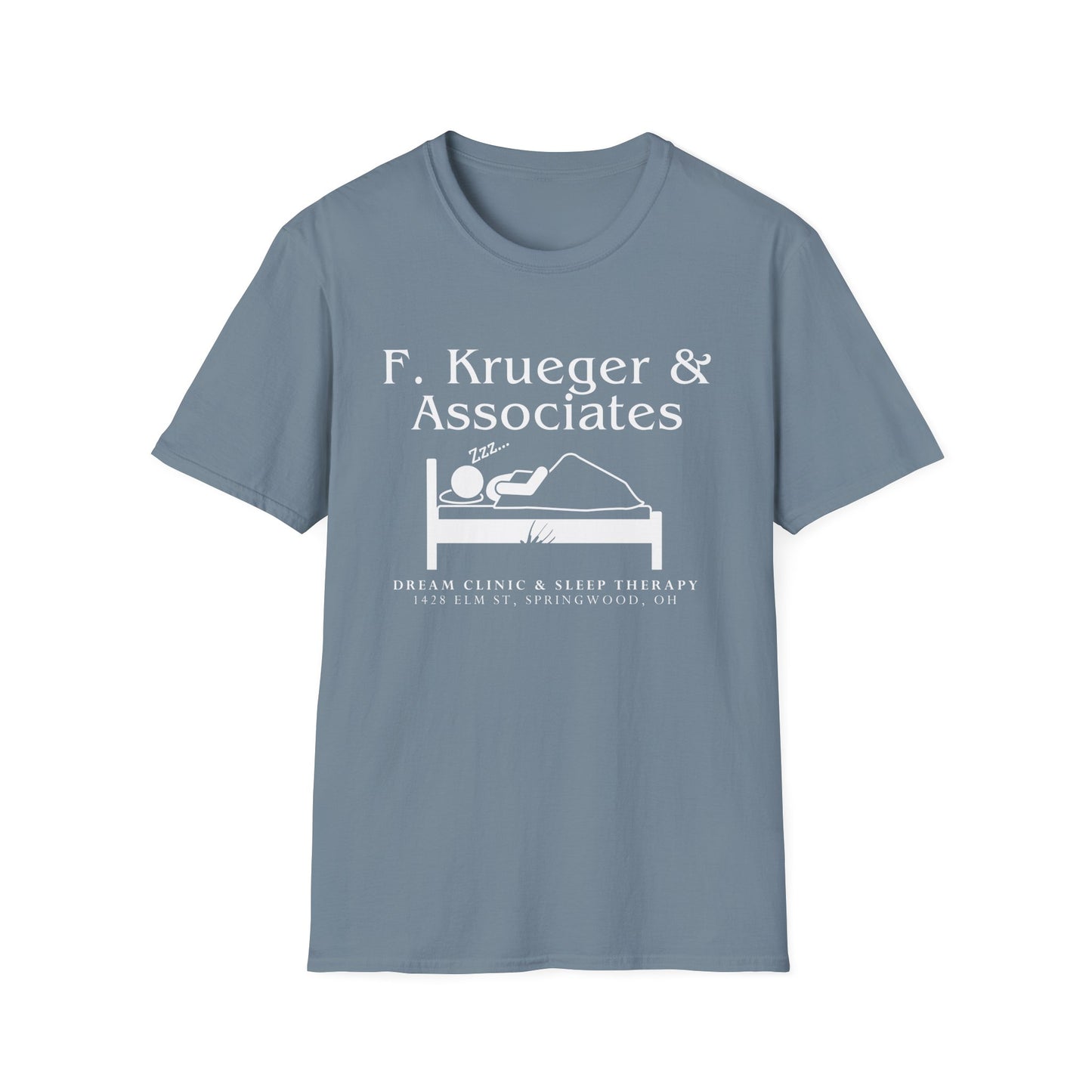 Nightmare on Elm Street Krueger Dream Clinic Funny Horror Movie Unisex T-shirt (Design in White with Claw Scratching Bed)