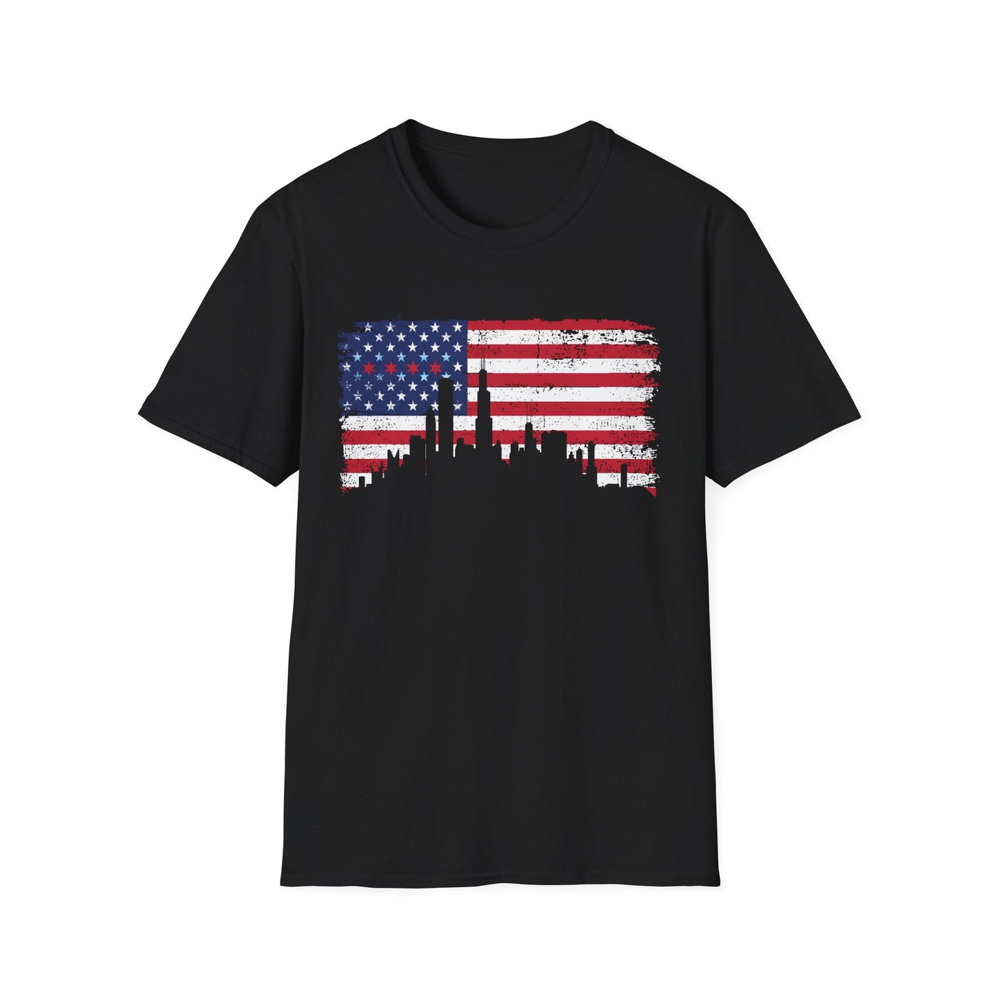 American Flag Distressed T-Shirt with Chicago Skyline and Stars from Chicago Flag