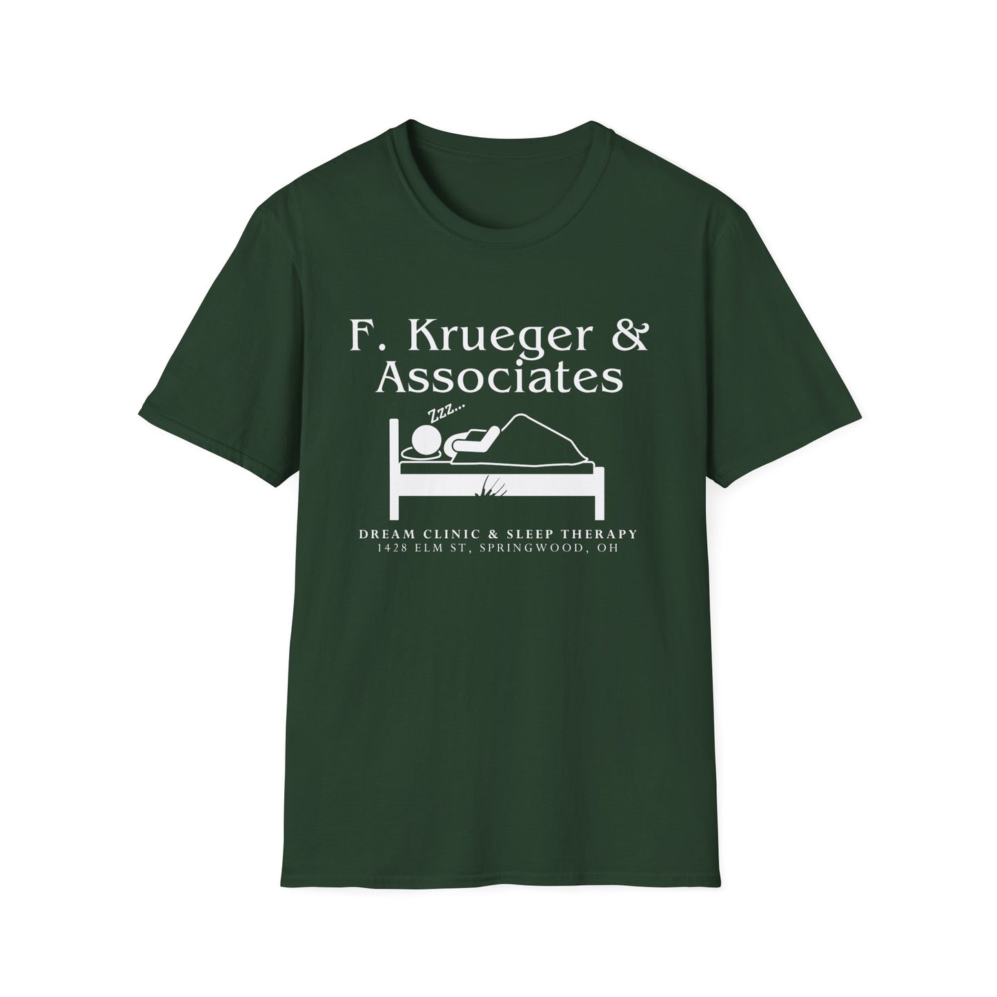 Nightmare on Elm Street Krueger Dream Clinic Funny Horror Movie Unisex T-shirt (Design in White with Claw Scratching Bed)