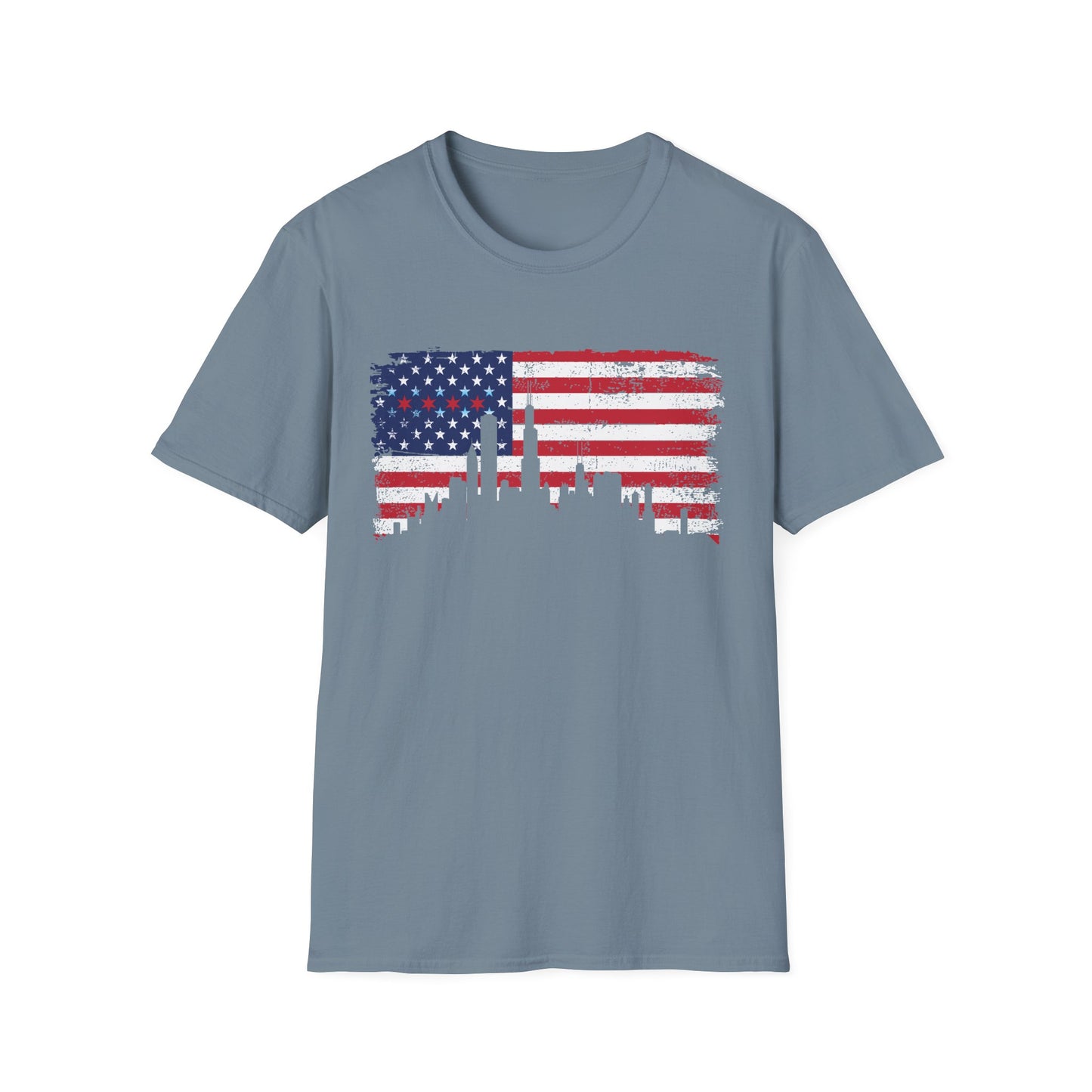 American Flag Distressed T-Shirt with Chicago Skyline and Stars from Chicago Flag