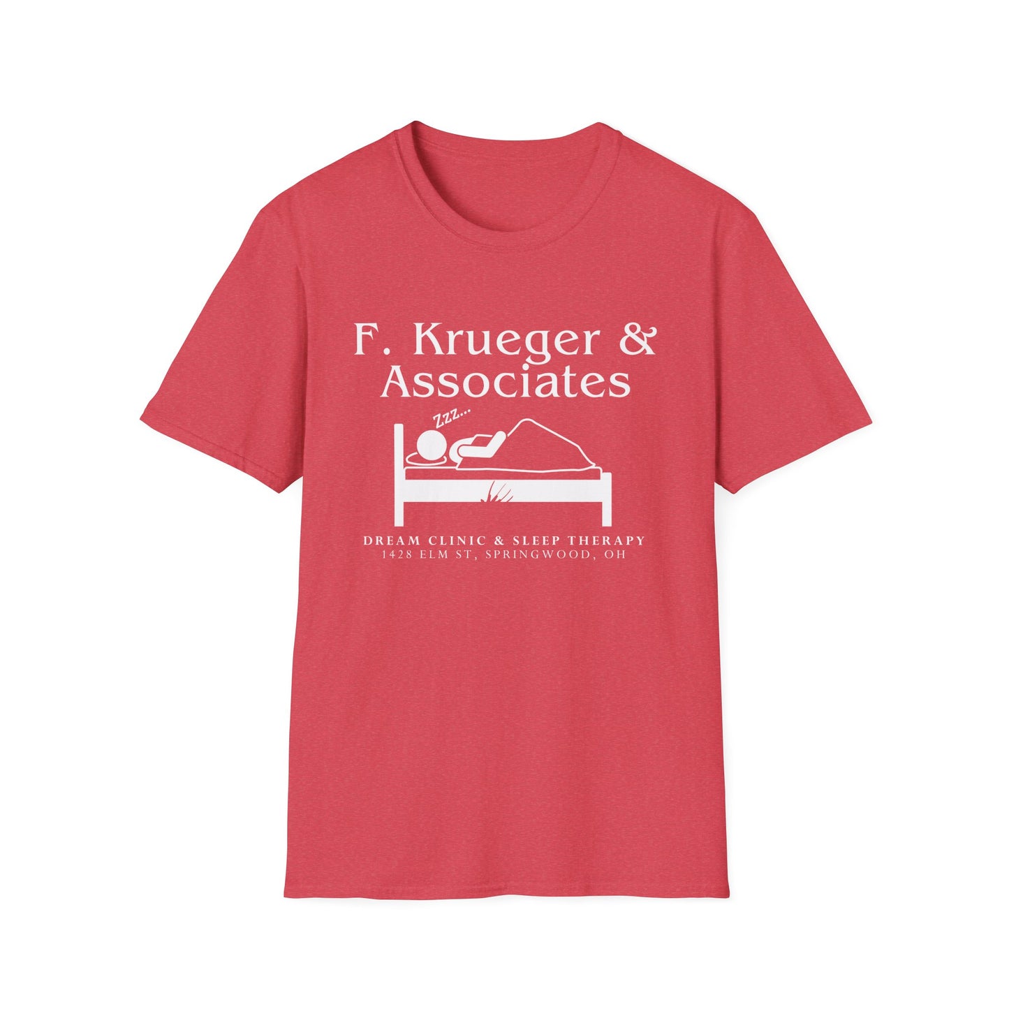 Nightmare on Elm Street Krueger Dream Clinic Funny Horror Movie Unisex T-shirt (Design in White with Claw Scratching Bed)