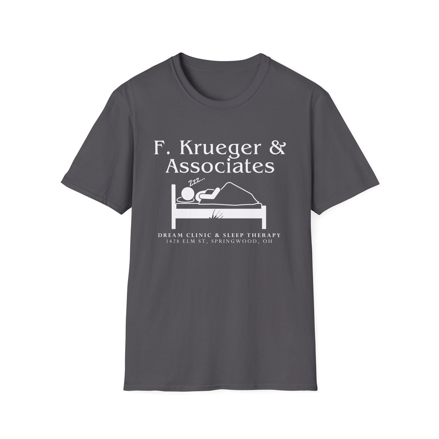 Nightmare on Elm Street Krueger Dream Clinic Funny Horror Movie Unisex T-shirt (Design in White with Claw Scratching Bed)