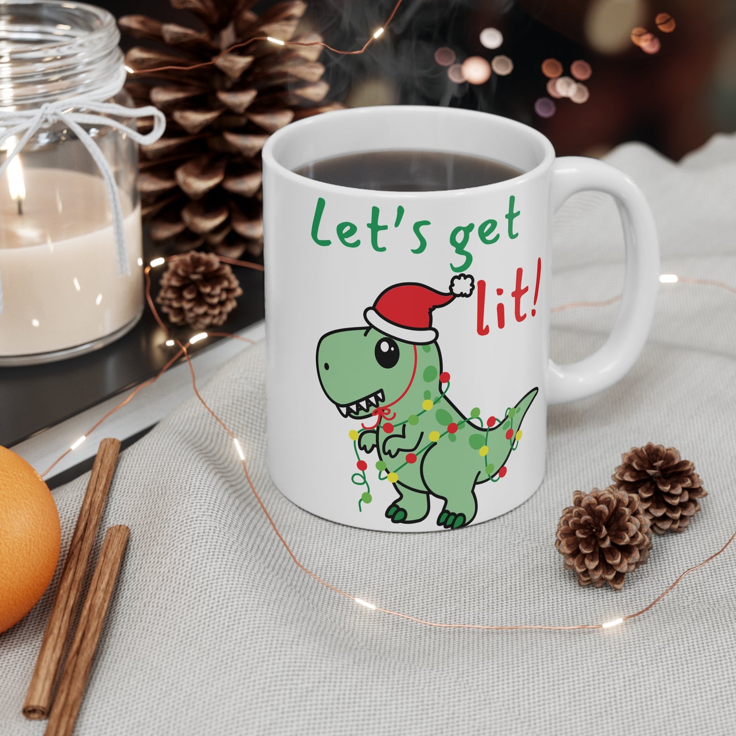 Dinosaur Christmas 11 oz White Ceramic Coffee Mug - 'Let's Get Lit' - Funny Xmas Mug