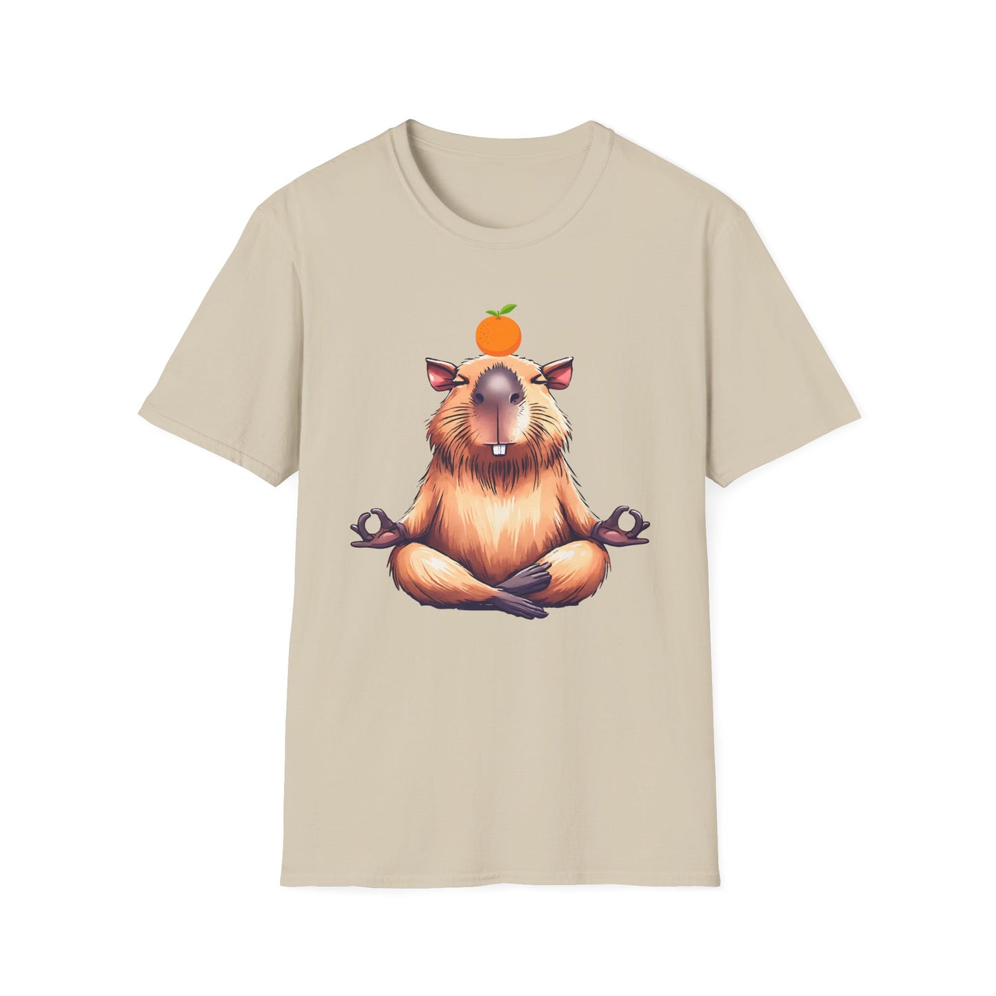 Meditating Capybara Softstyle T-Shirt with Orange on Head