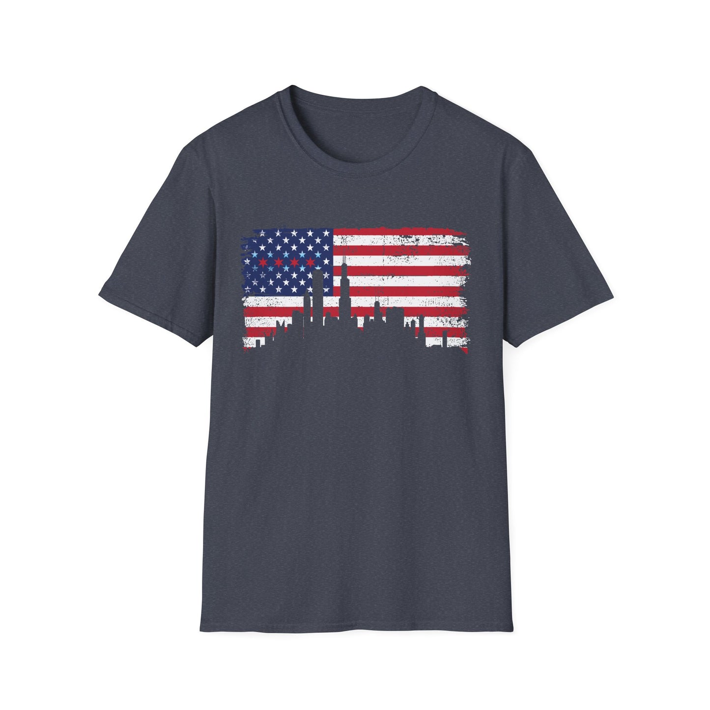 American Flag Distressed T-Shirt with Chicago Skyline and Stars from Chicago Flag