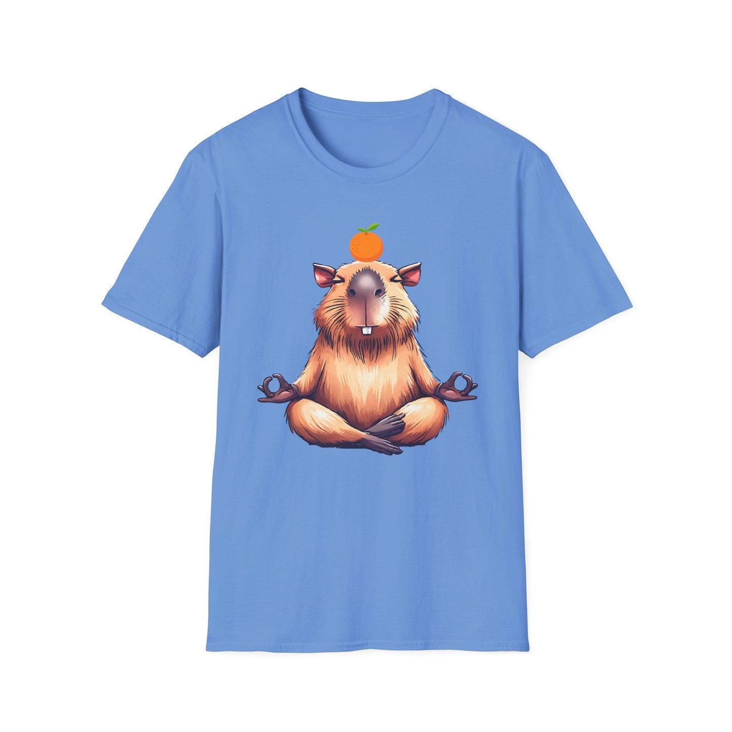 Meditating Capybara Softstyle T-Shirt with Orange on Head