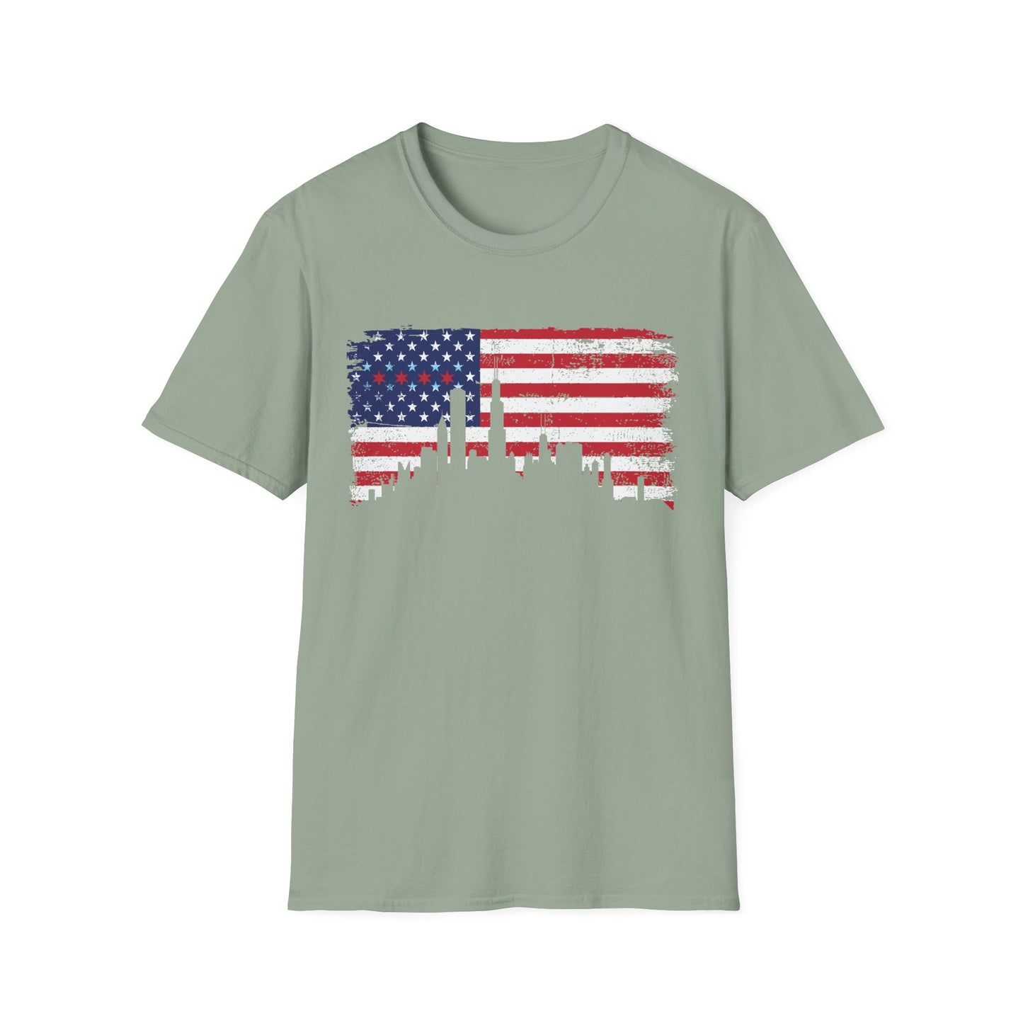 American Flag Distressed T-Shirt with Chicago Skyline and Stars from Chicago Flag