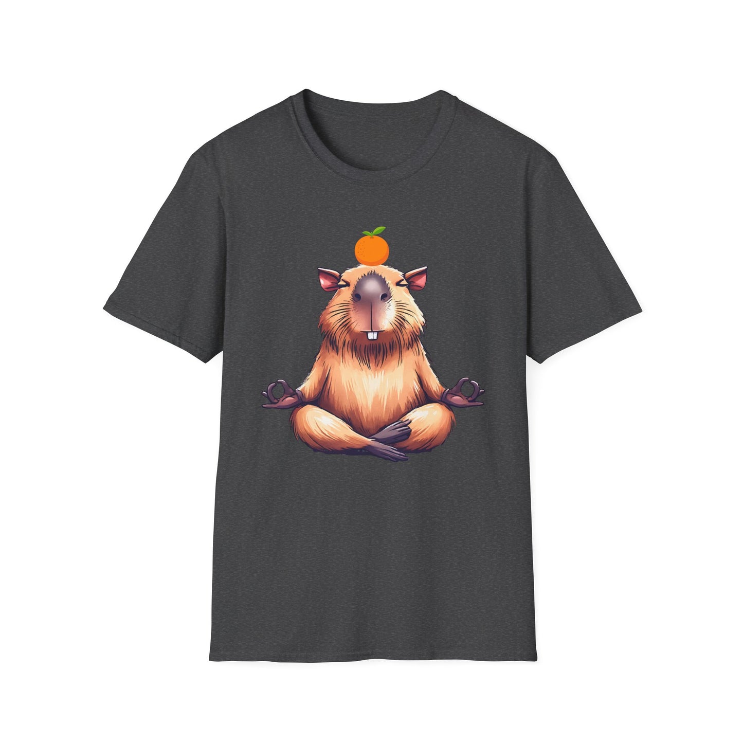 Meditating Capybara Softstyle T-Shirt with Orange on Head