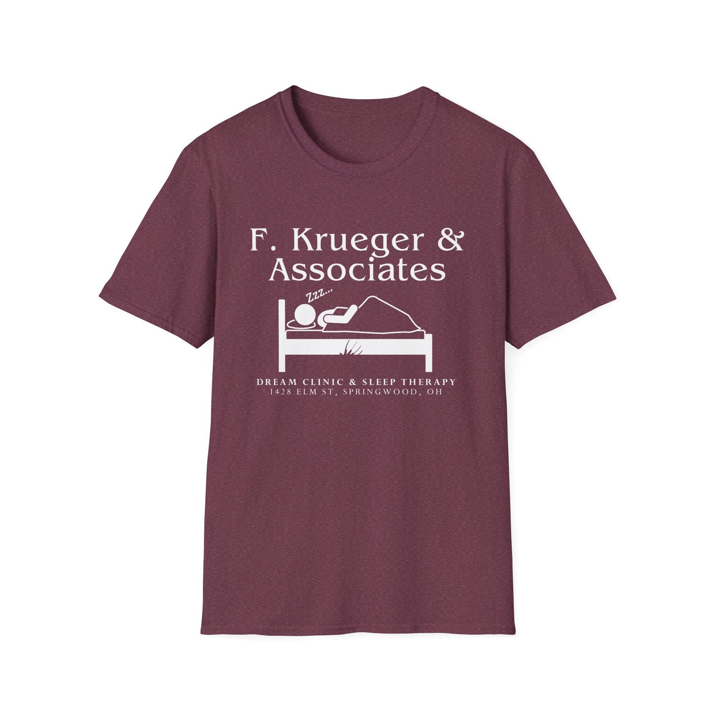 Nightmare on Elm Street Krueger Dream Clinic Funny Horror Movie Unisex T-shirt (Design in White with Claw Scratching Bed)