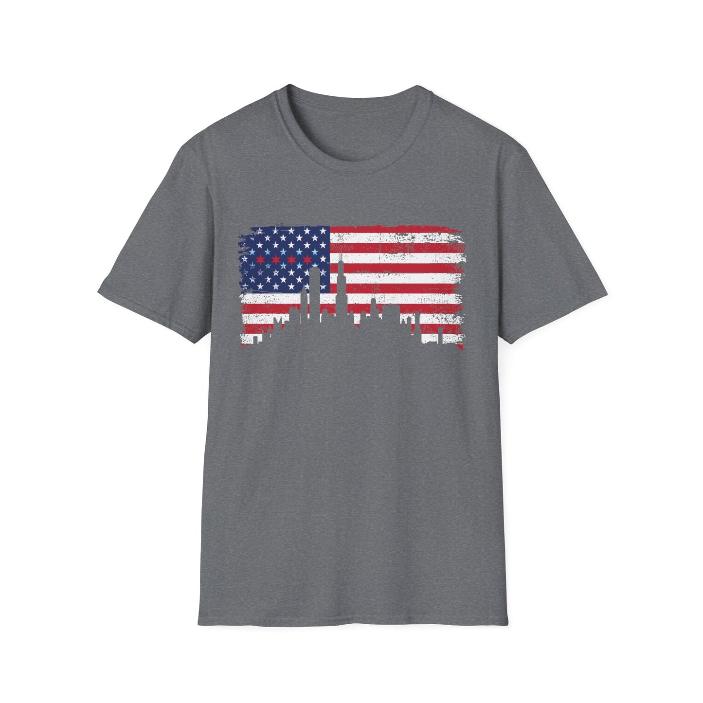 American Flag Distressed T-Shirt with Chicago Skyline and Stars from Chicago Flag