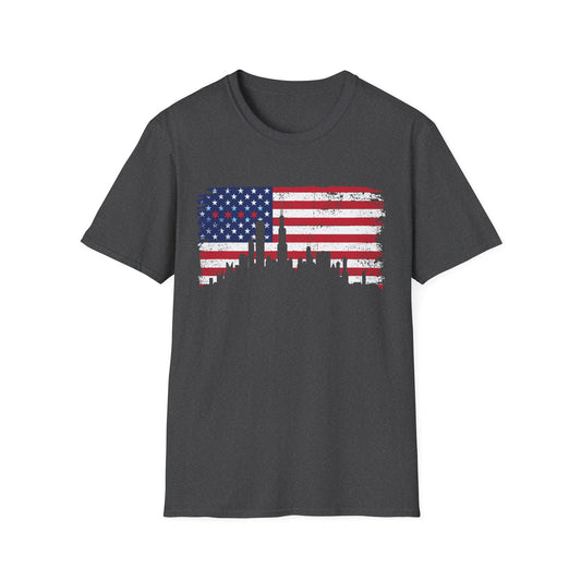 American Flag Distressed T-Shirt with Chicago Skyline and Stars from Chicago Flag