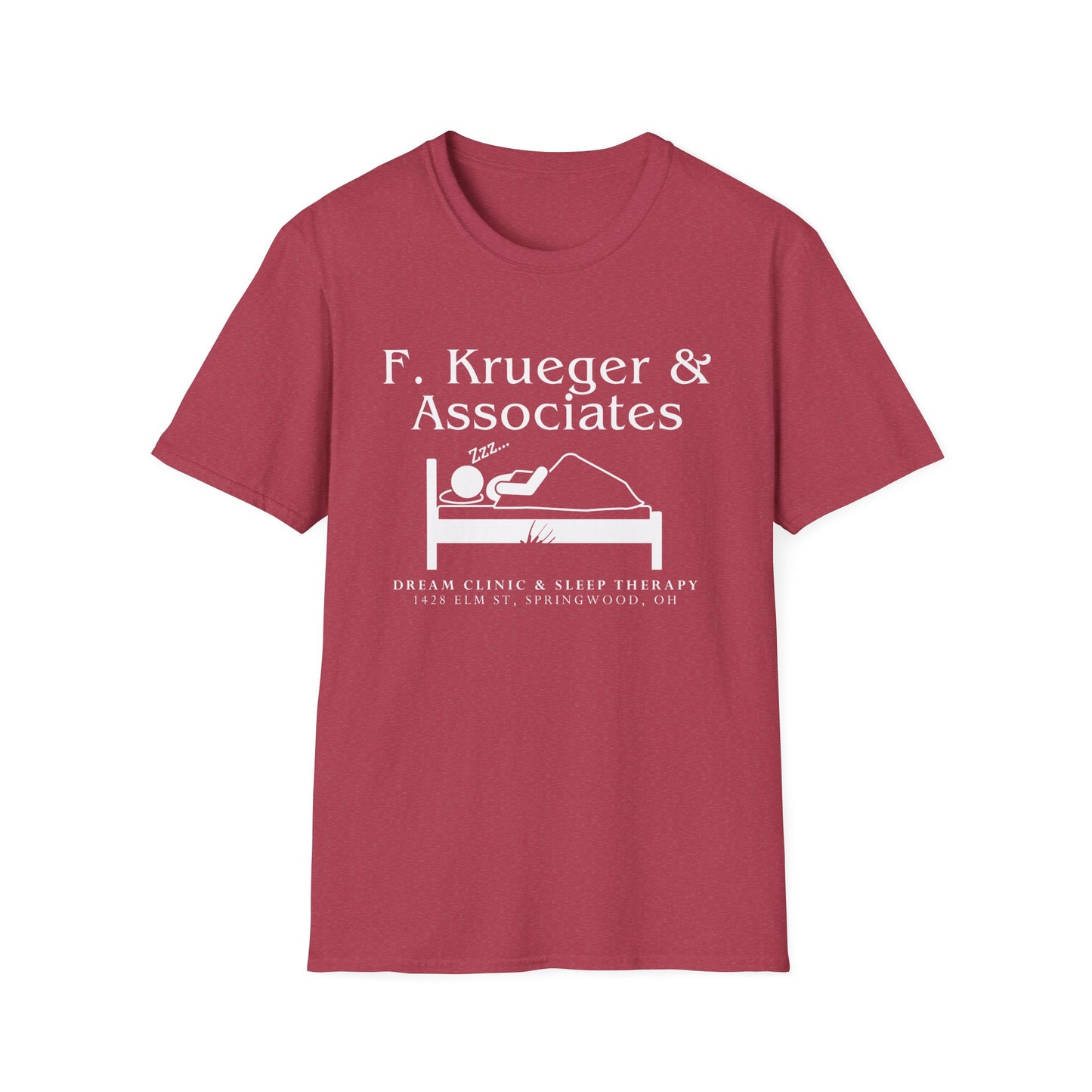 Nightmare on Elm Street Krueger Dream Clinic Funny Horror Movie Unisex T-shirt (Design in White with Claw Scratching Bed)