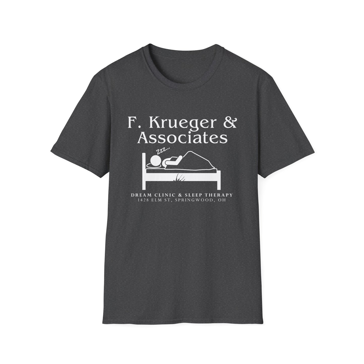 Nightmare on Elm Street Krueger Dream Clinic Funny Horror Movie Unisex T-shirt (Design in White with Claw Scratching Bed)