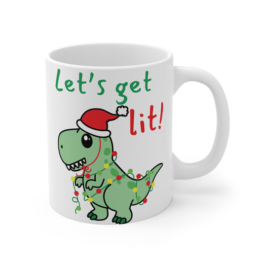Dinosaur Christmas 11 oz White Ceramic Coffee Mug - 'Let's Get Lit' - Funny Xmas Mug