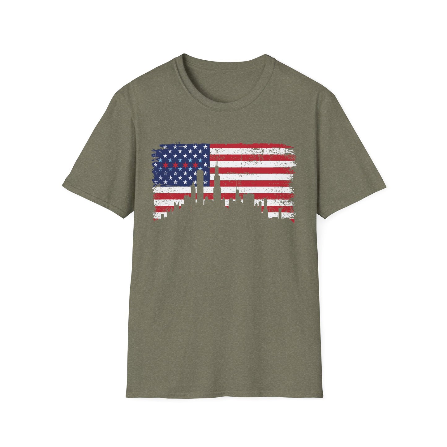 American Flag Distressed T-Shirt with Chicago Skyline and Stars from Chicago Flag