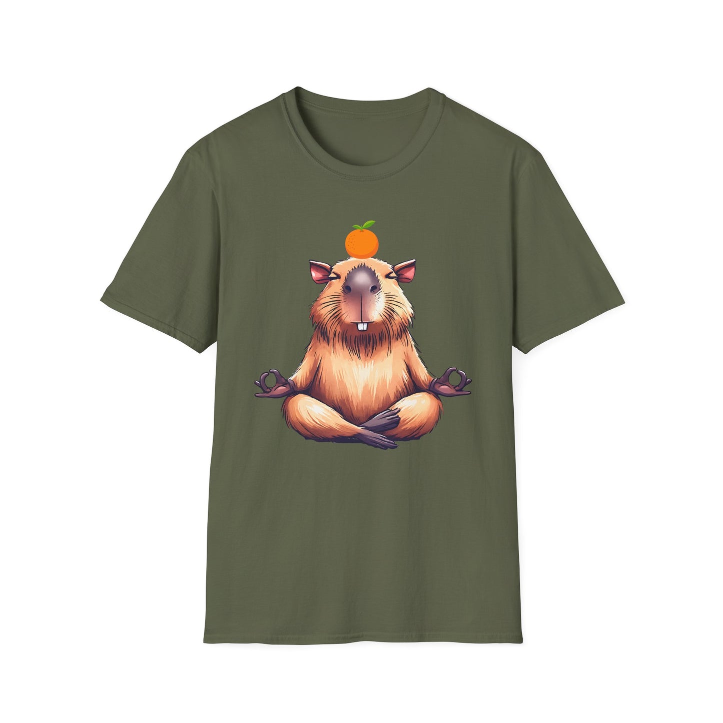 Meditating Capybara Softstyle T-Shirt with Orange on Head