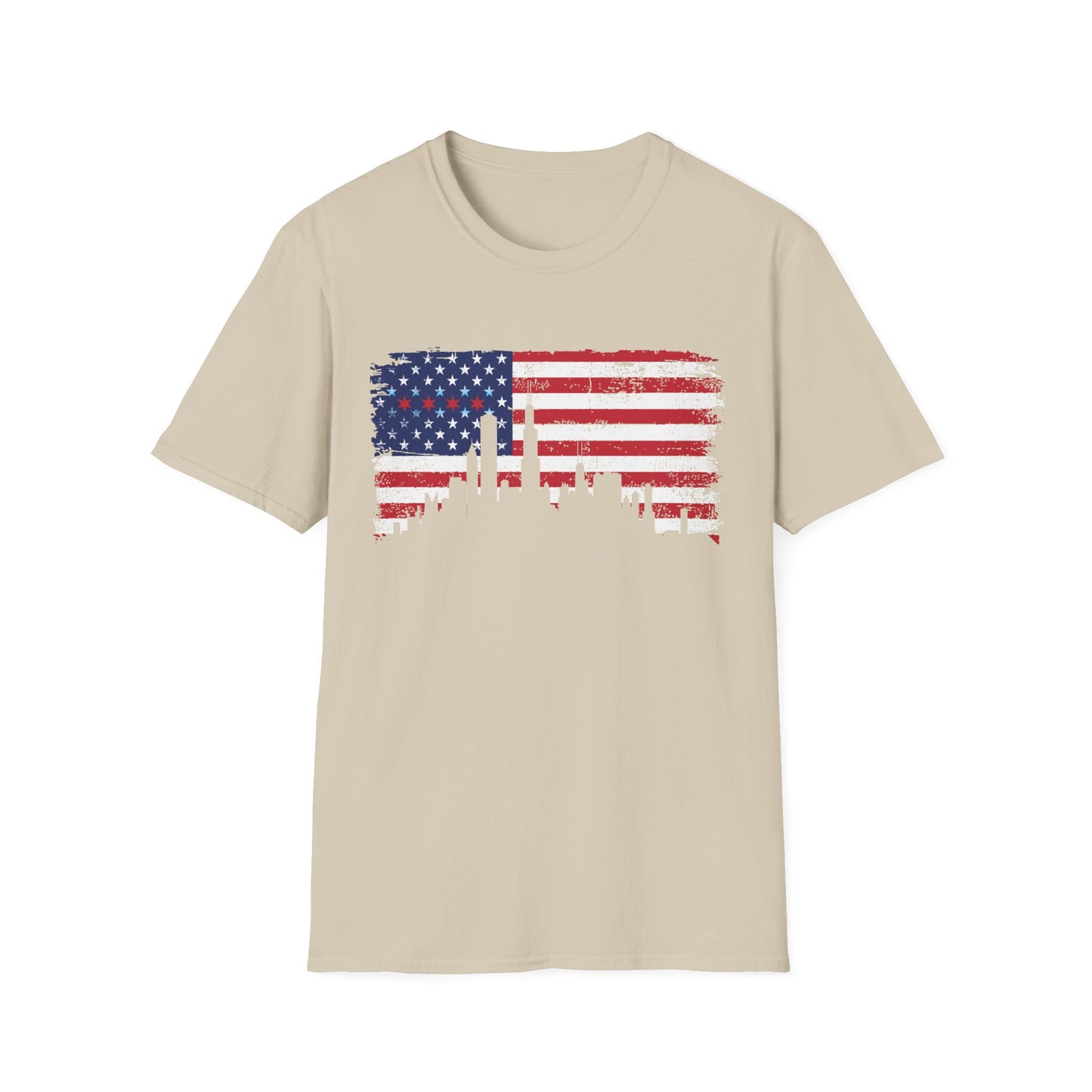 American Flag Distressed T-Shirt with Chicago Skyline and Stars from Chicago Flag