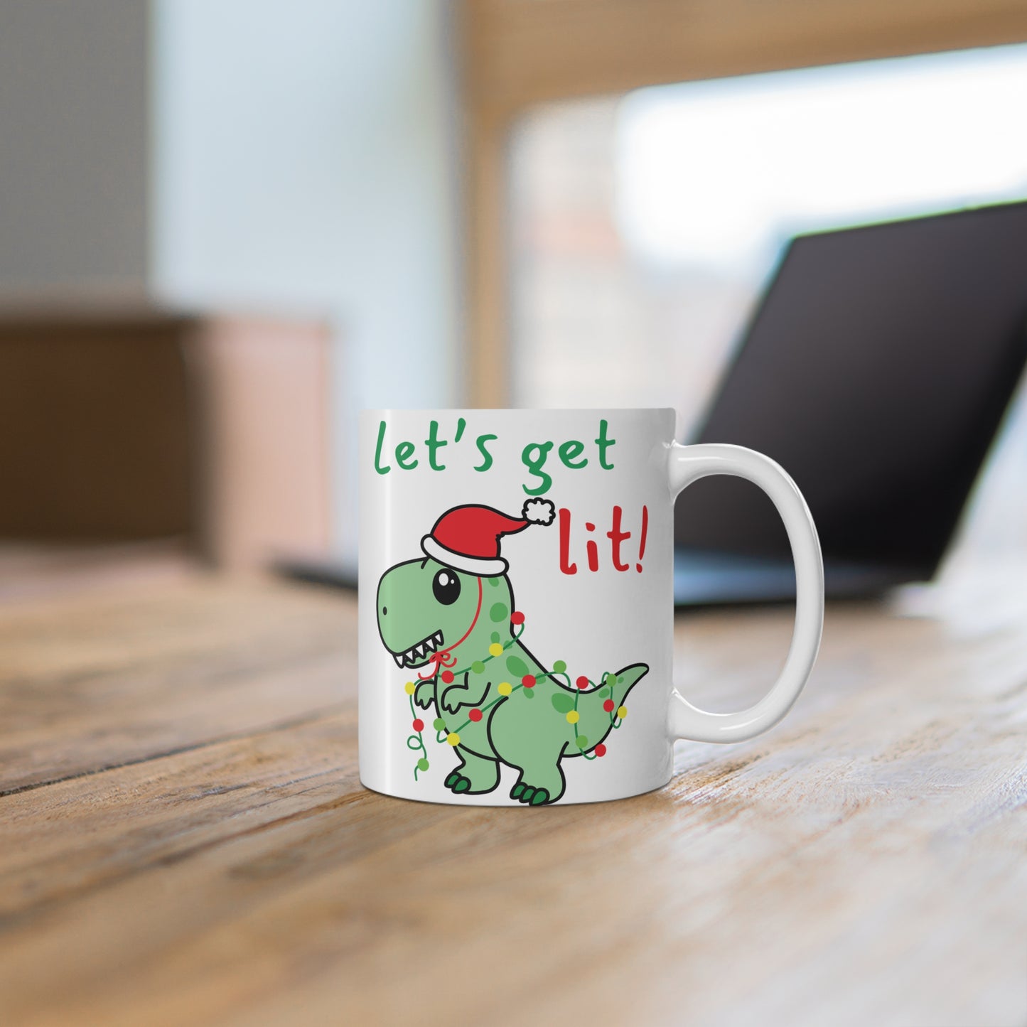 Dinosaur Christmas 11 oz White Ceramic Coffee Mug - 'Let's Get Lit' - Funny Xmas Mug