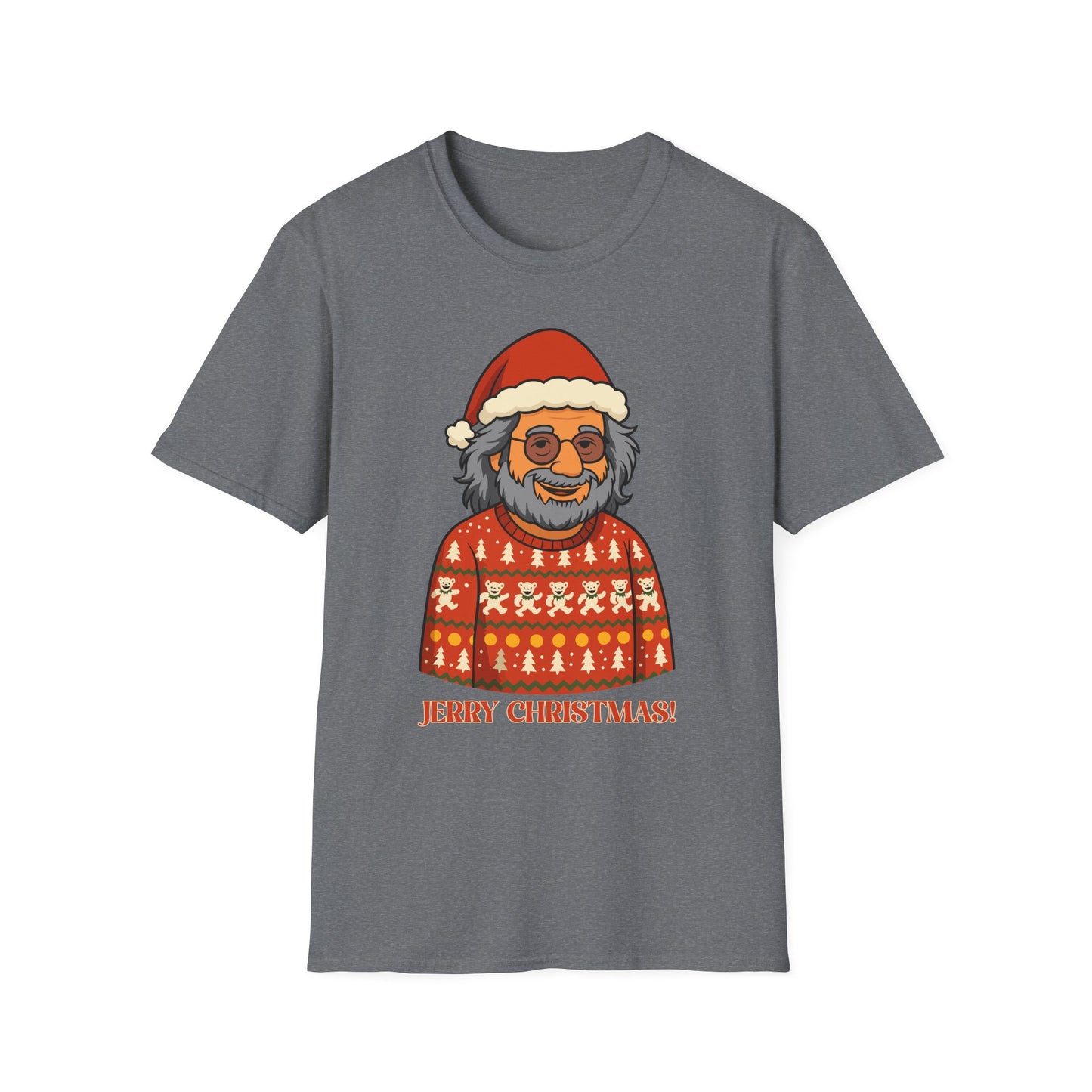 Jerry Garcia Ugly Christmas Sweater T-Shirt – Dancing Skeletons in Elf Hats, Funny Grateful Dead Holiday Unisex Softstyle T-Shirt
