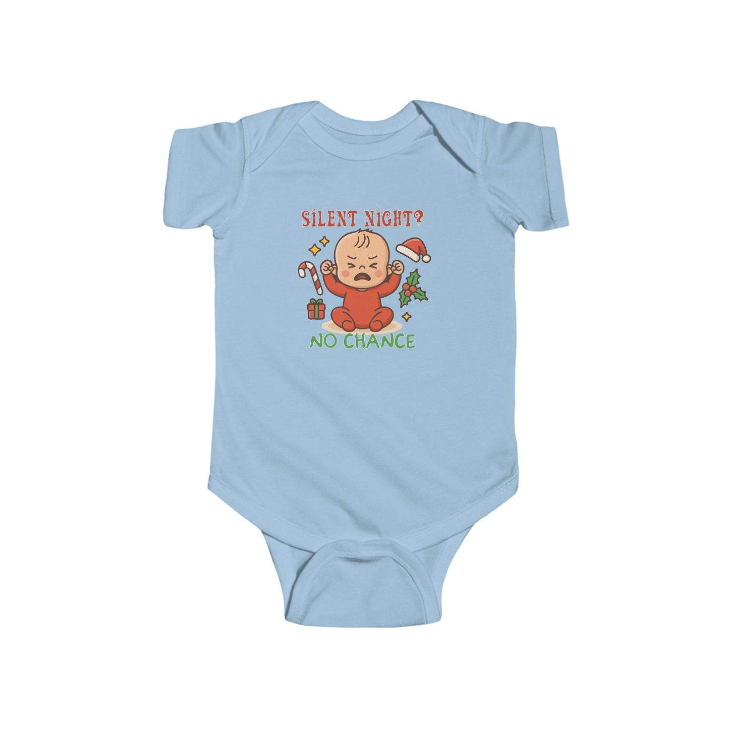 “Silent Night? No Chance” Funny Baby Christmas Bodysuit – First Holiday Outfit, Sarcastic Infant Gift