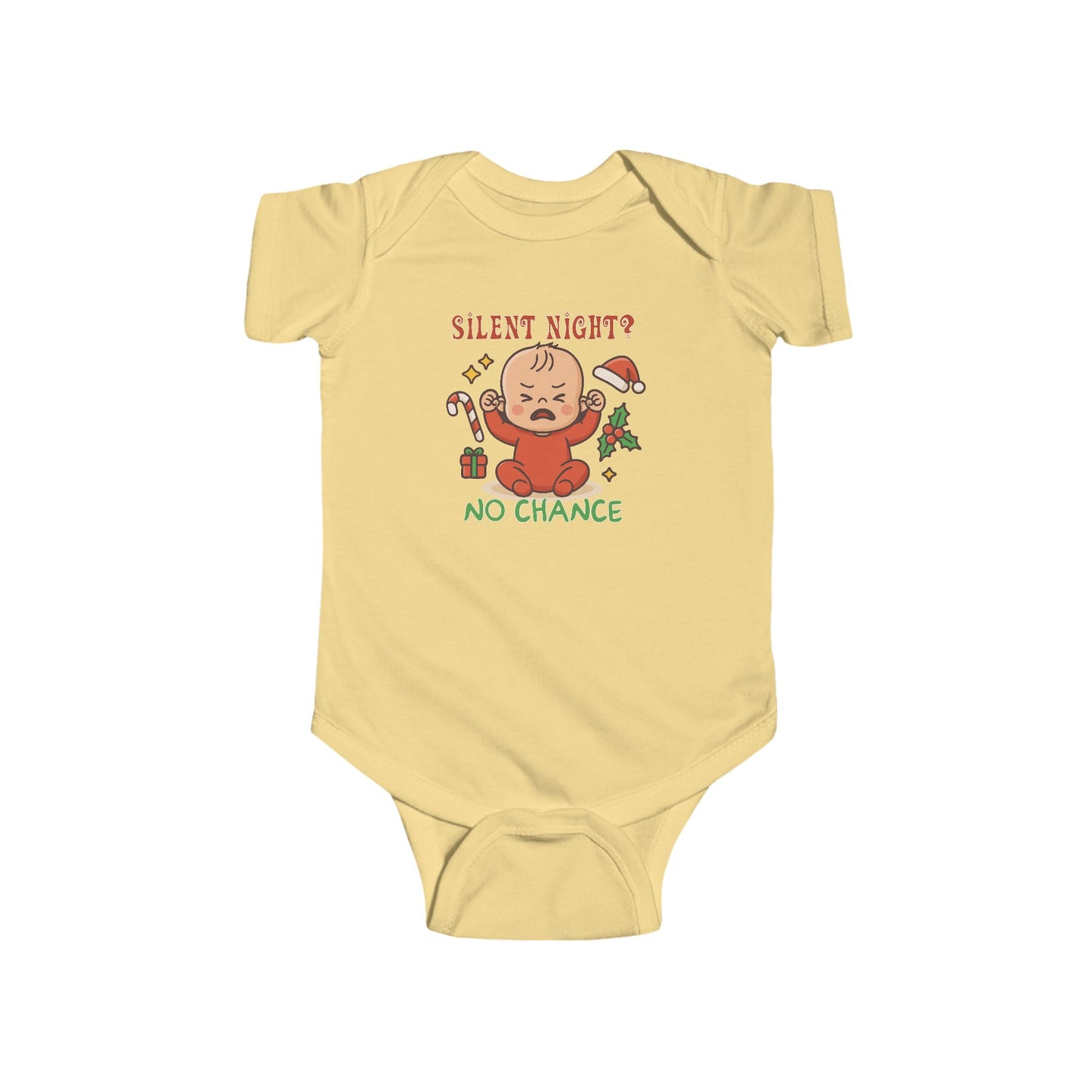 “Silent Night? No Chance” Funny Baby Christmas Bodysuit – First Holiday Outfit, Sarcastic Infant Gift