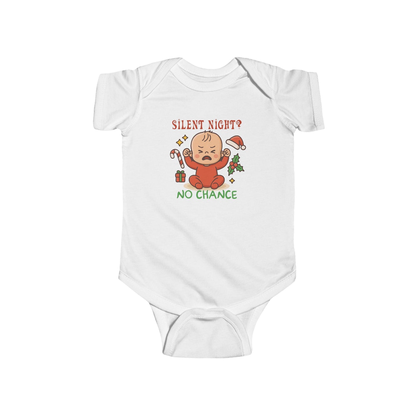 “Silent Night? No Chance” Funny Baby Christmas Bodysuit – First Holiday Outfit, Sarcastic Infant Gift