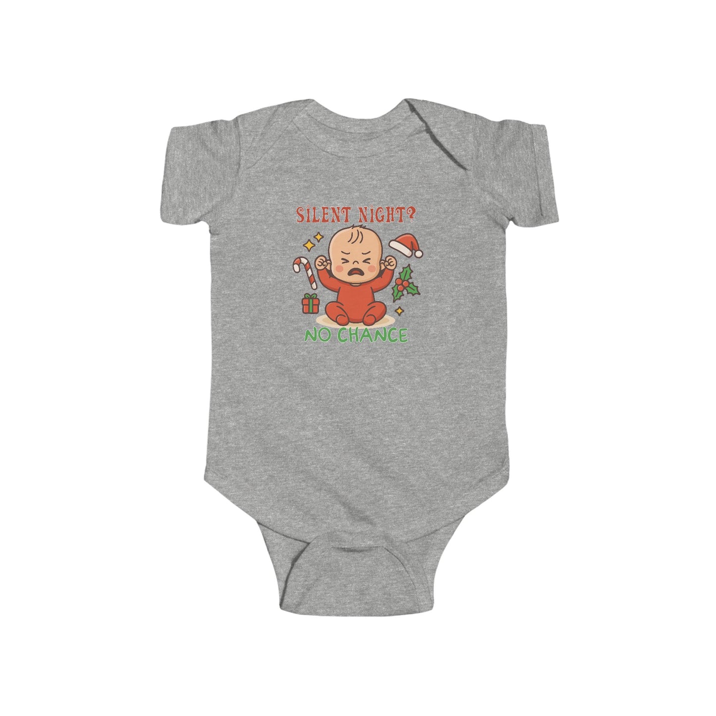 “Silent Night? No Chance” Funny Baby Christmas Bodysuit – First Holiday Outfit, Sarcastic Infant Gift