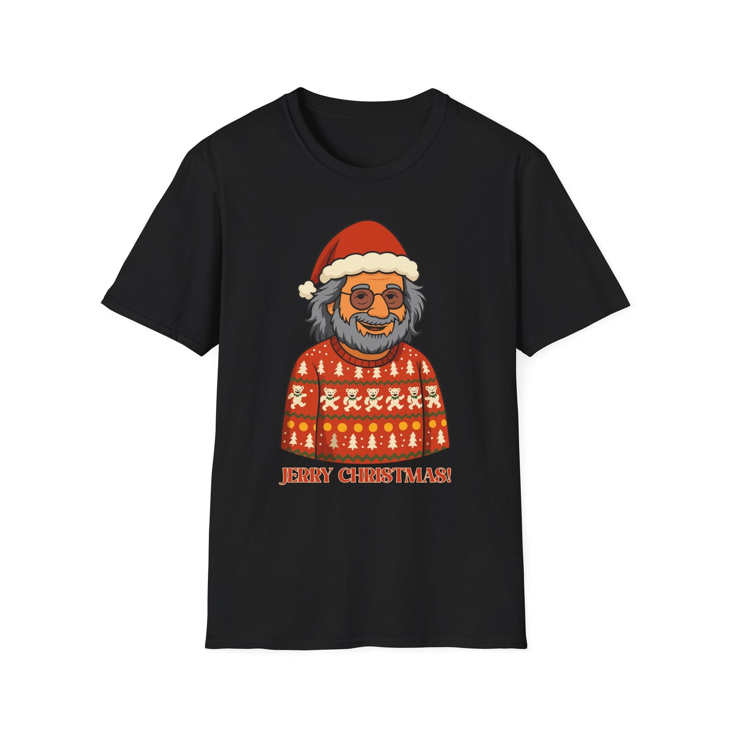 Jerry Garcia Ugly Christmas Sweater T-Shirt – Dancing Skeletons in Elf Hats, Funny Grateful Dead Holiday Unisex Softstyle T-Shirt