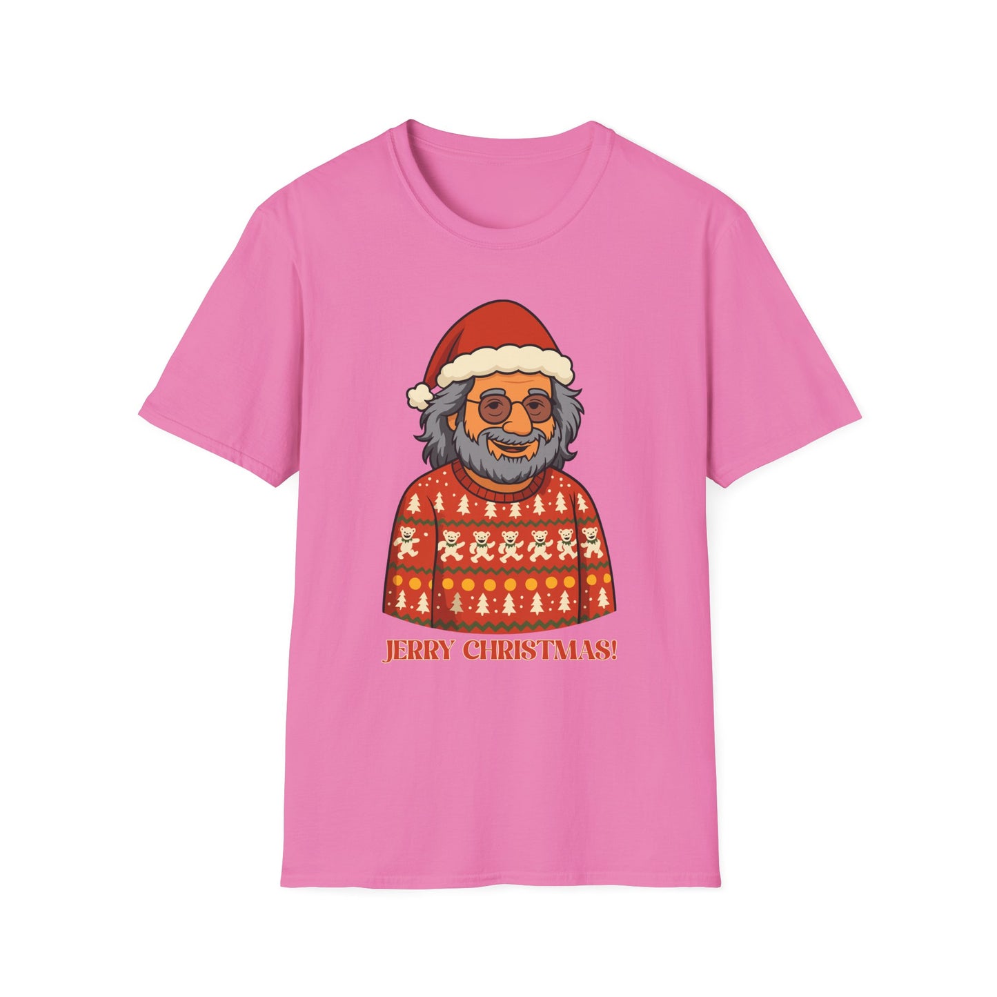 Jerry Garcia Ugly Christmas Sweater T-Shirt – Dancing Skeletons in Elf Hats, Funny Grateful Dead Holiday Unisex Softstyle T-Shirt