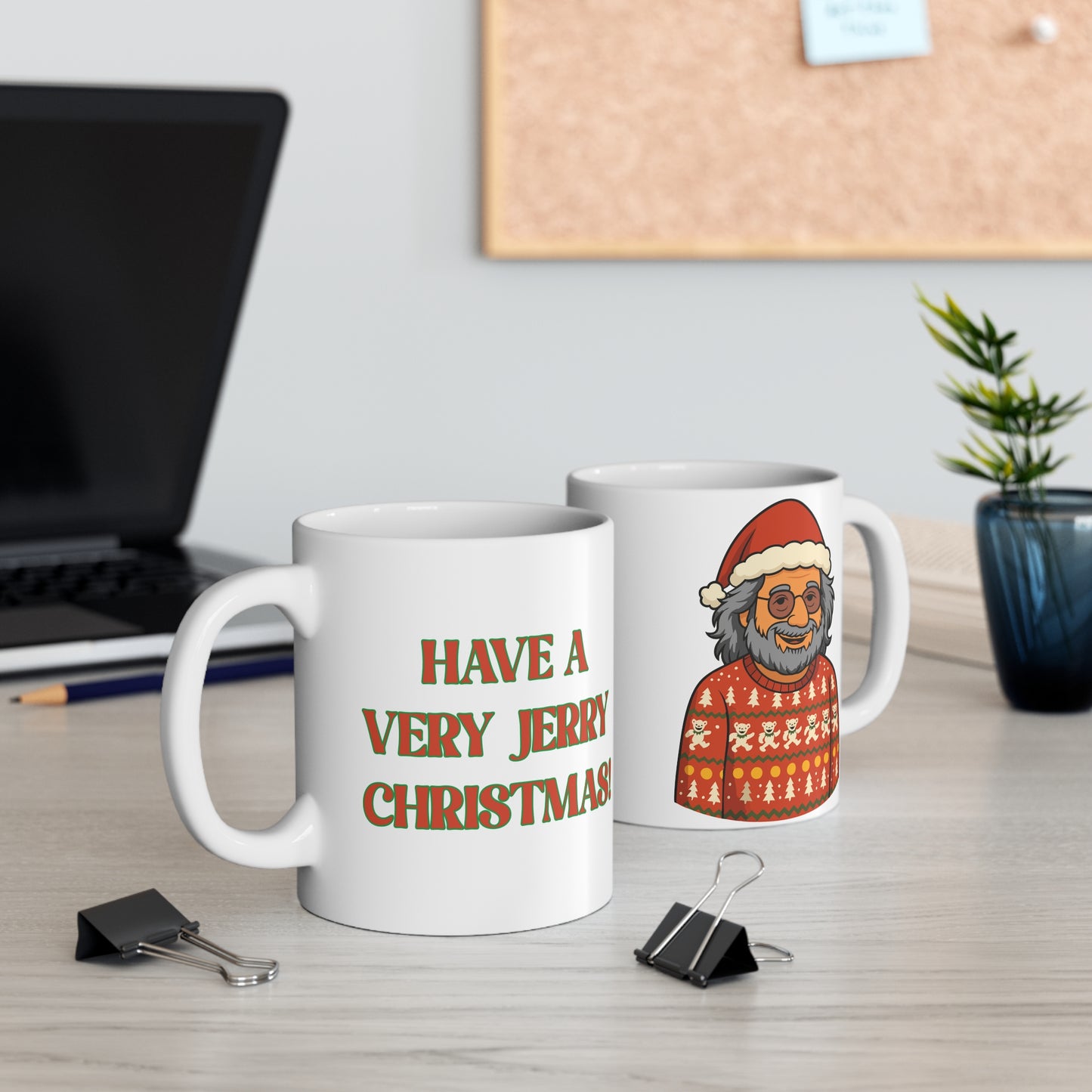 Jerry Garcia Christmas Sweater Mug - Dancing Skeletons in Elf Hats, Funny Grateful Dead Holiday 11 oz. White Ceramic Coffee Mug