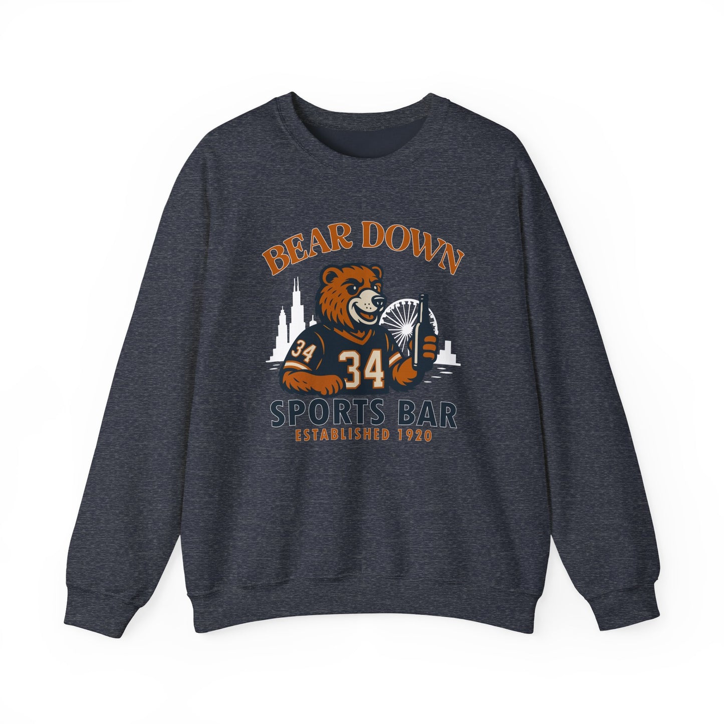 Bear Down Sports Bar - Chicago Bear Drinking a Beer - Chicago Skyline - Unisex Crewneck Sweatshirt