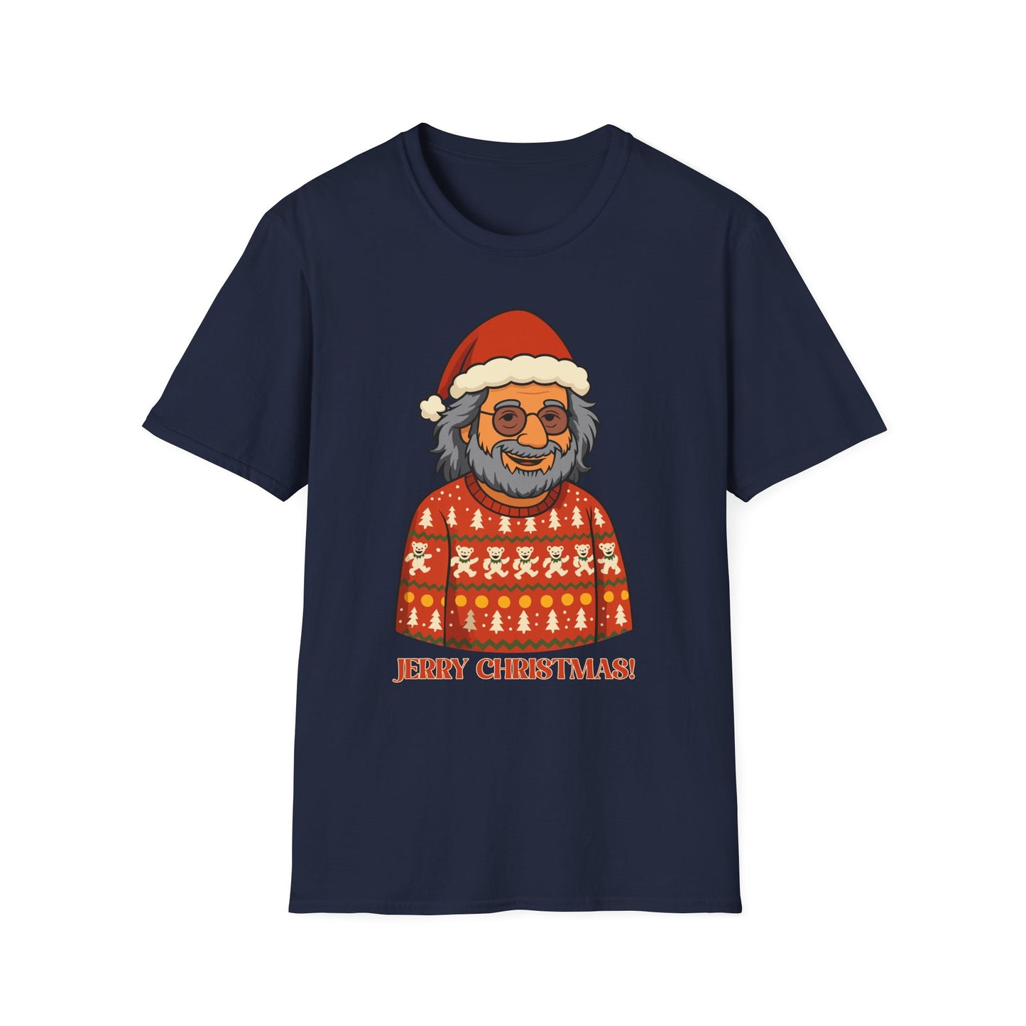 Jerry Garcia Ugly Christmas Sweater T-Shirt – Dancing Skeletons in Elf Hats, Funny Grateful Dead Holiday Unisex Softstyle T-Shirt