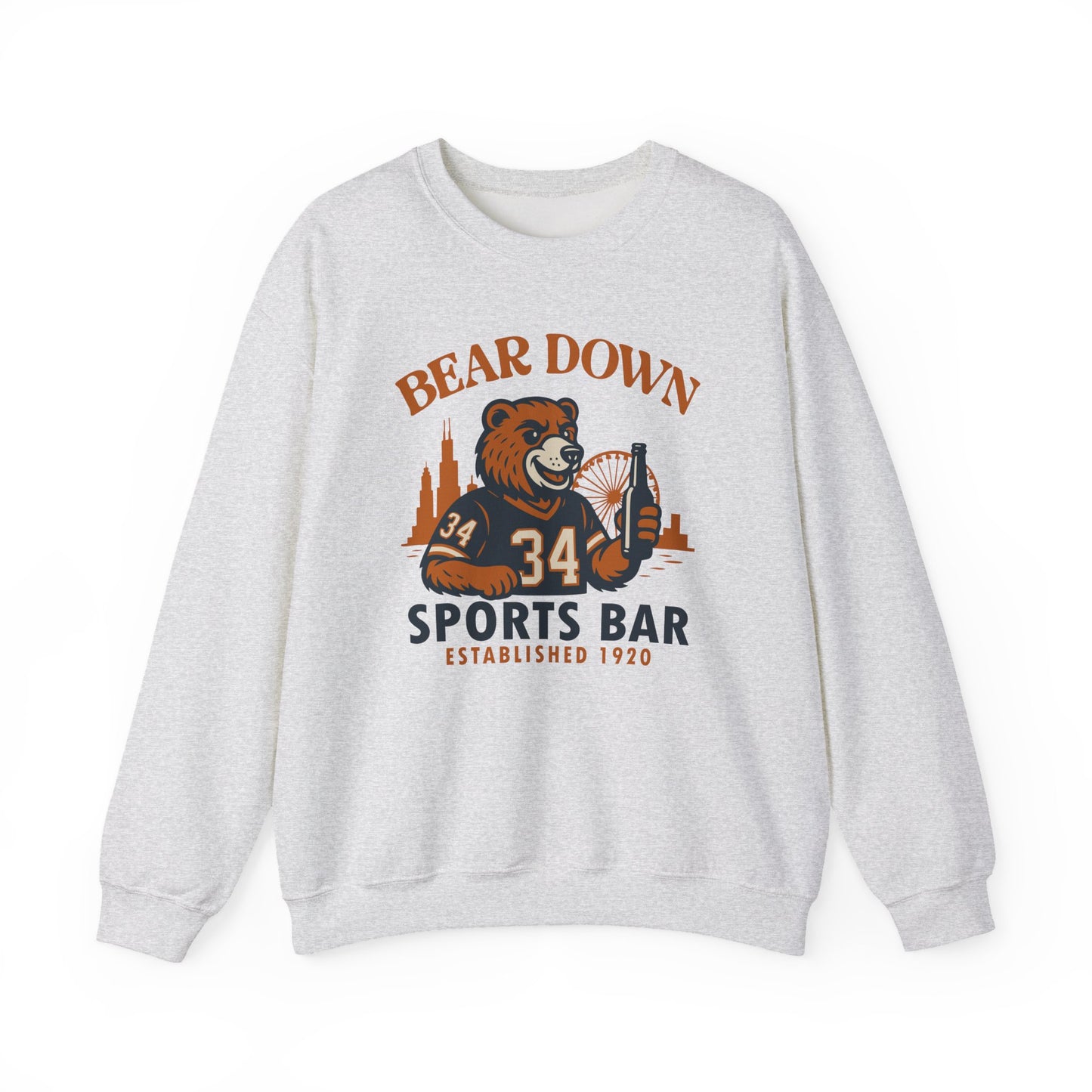 Bear Down Sports Bar - Chicago Bear Drinking a Beer - Chicago Skyline - Unisex Crewneck Sweatshirt