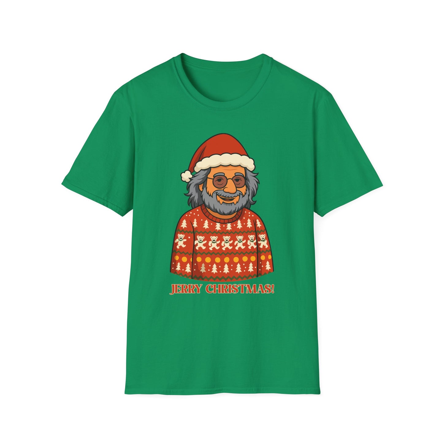 Jerry Garcia Ugly Christmas Sweater T-Shirt – Dancing Skeletons in Elf Hats, Funny Grateful Dead Holiday Unisex Softstyle T-Shirt
