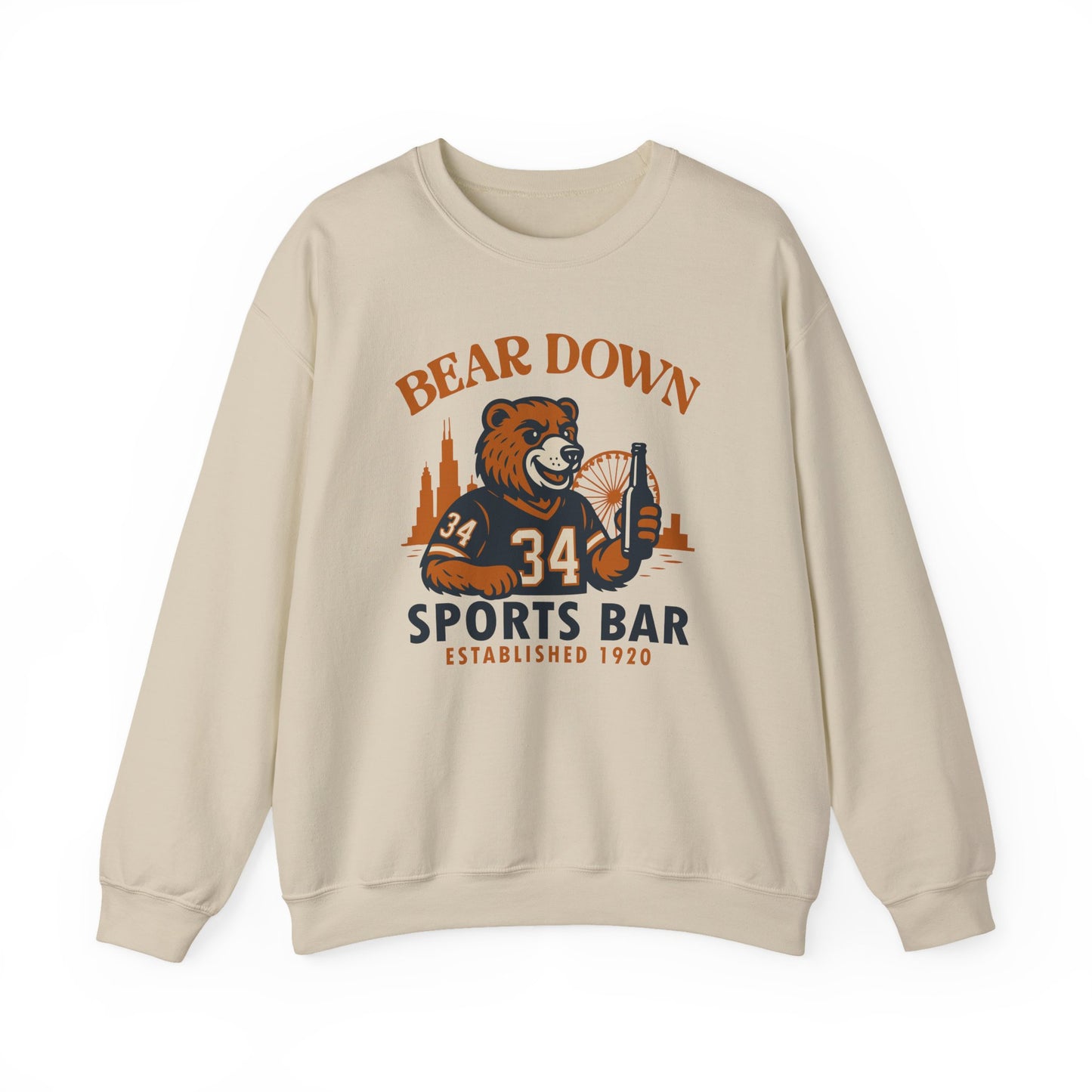 Bear Down Sports Bar - Chicago Bear Drinking a Beer - Chicago Skyline - Unisex Crewneck Sweatshirt