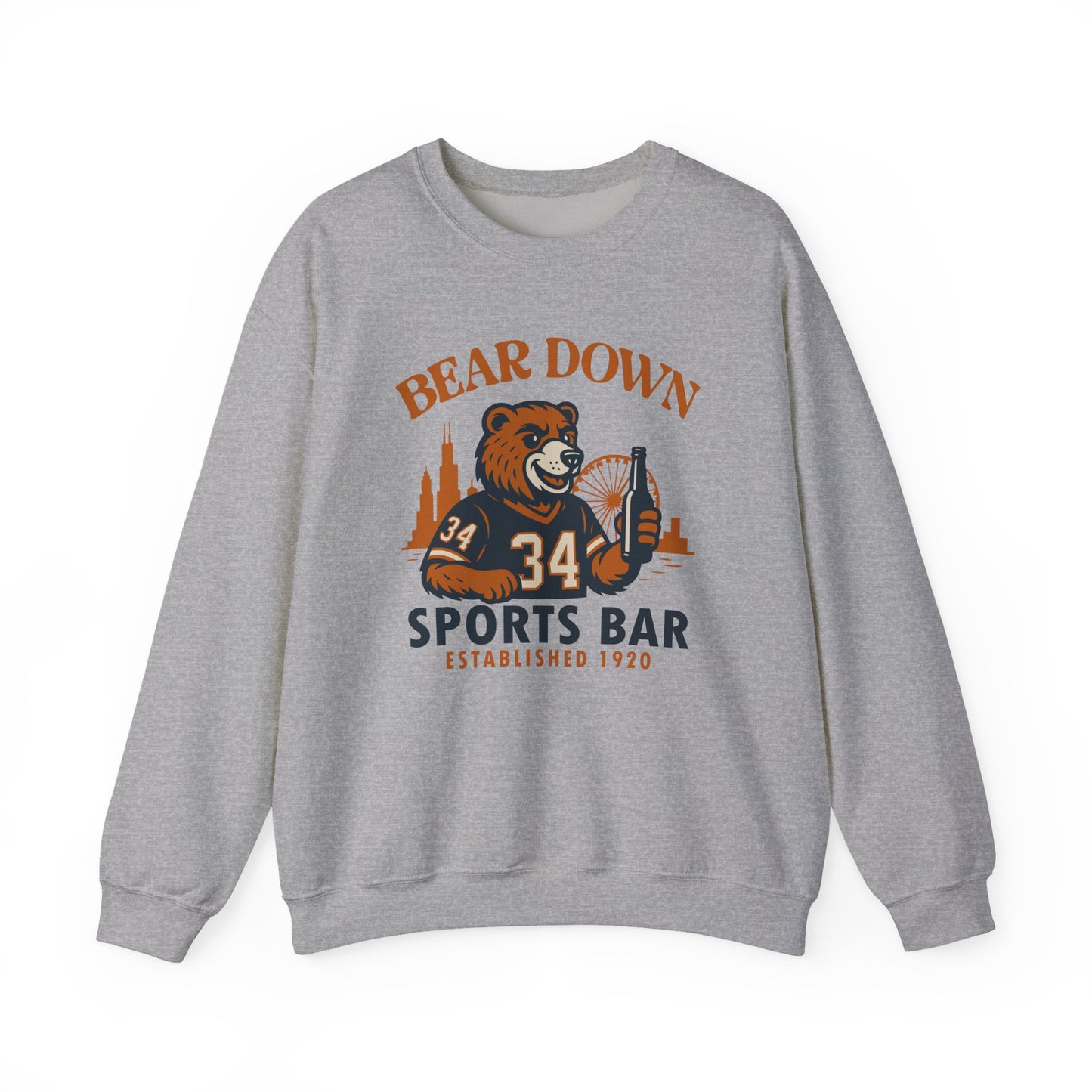 Bear Down Sports Bar - Chicago Bear Drinking a Beer - Chicago Skyline - Unisex Crewneck Sweatshirt