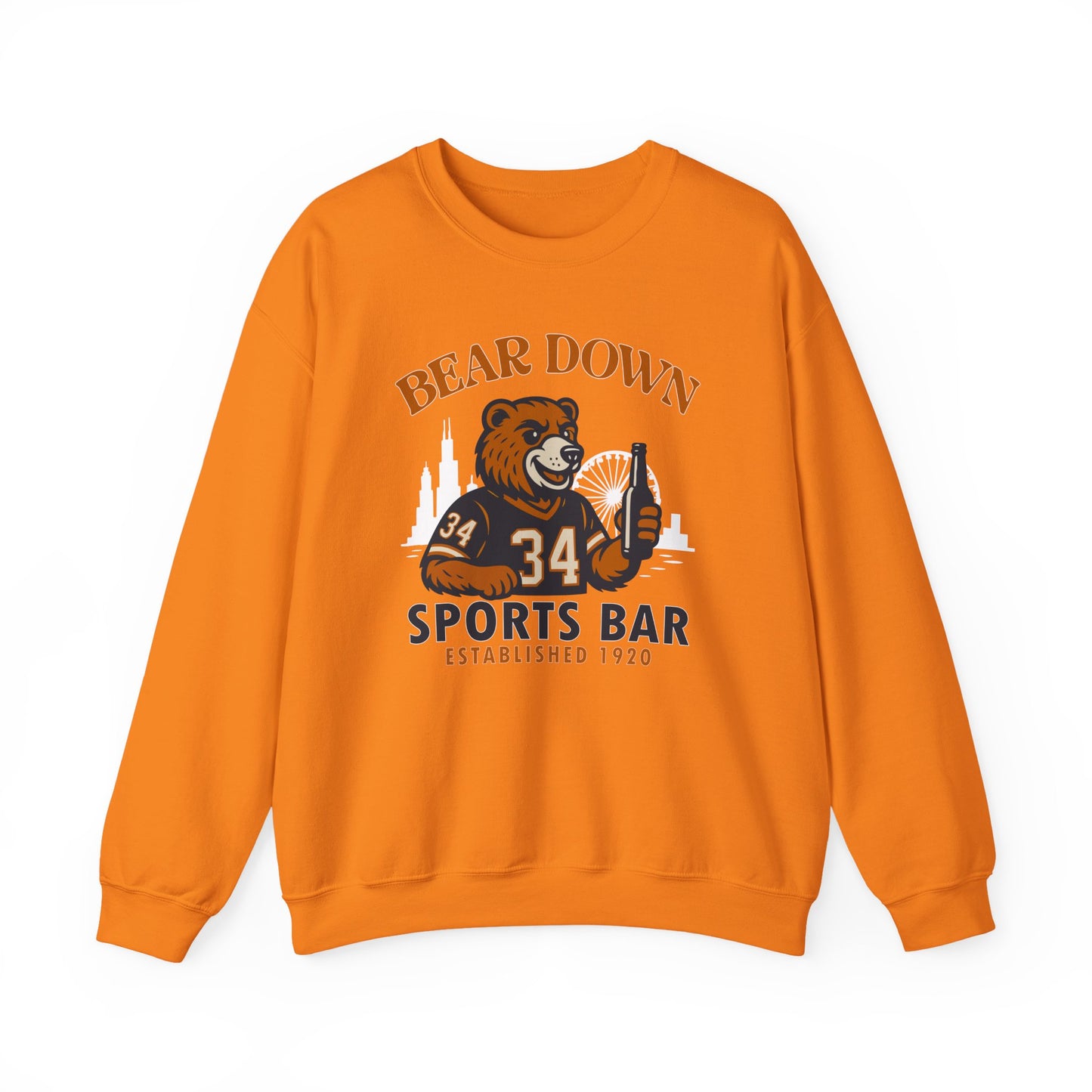 Bear Down Sports Bar - Chicago Bear Drinking a Beer - Chicago Skyline - Unisex Crewneck Sweatshirt