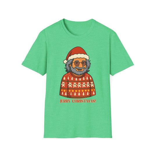 Jerry Garcia Ugly Christmas Sweater T-Shirt – Dancing Skeletons in Elf Hats, Funny Grateful Dead Holiday Unisex Softstyle T-Shirt