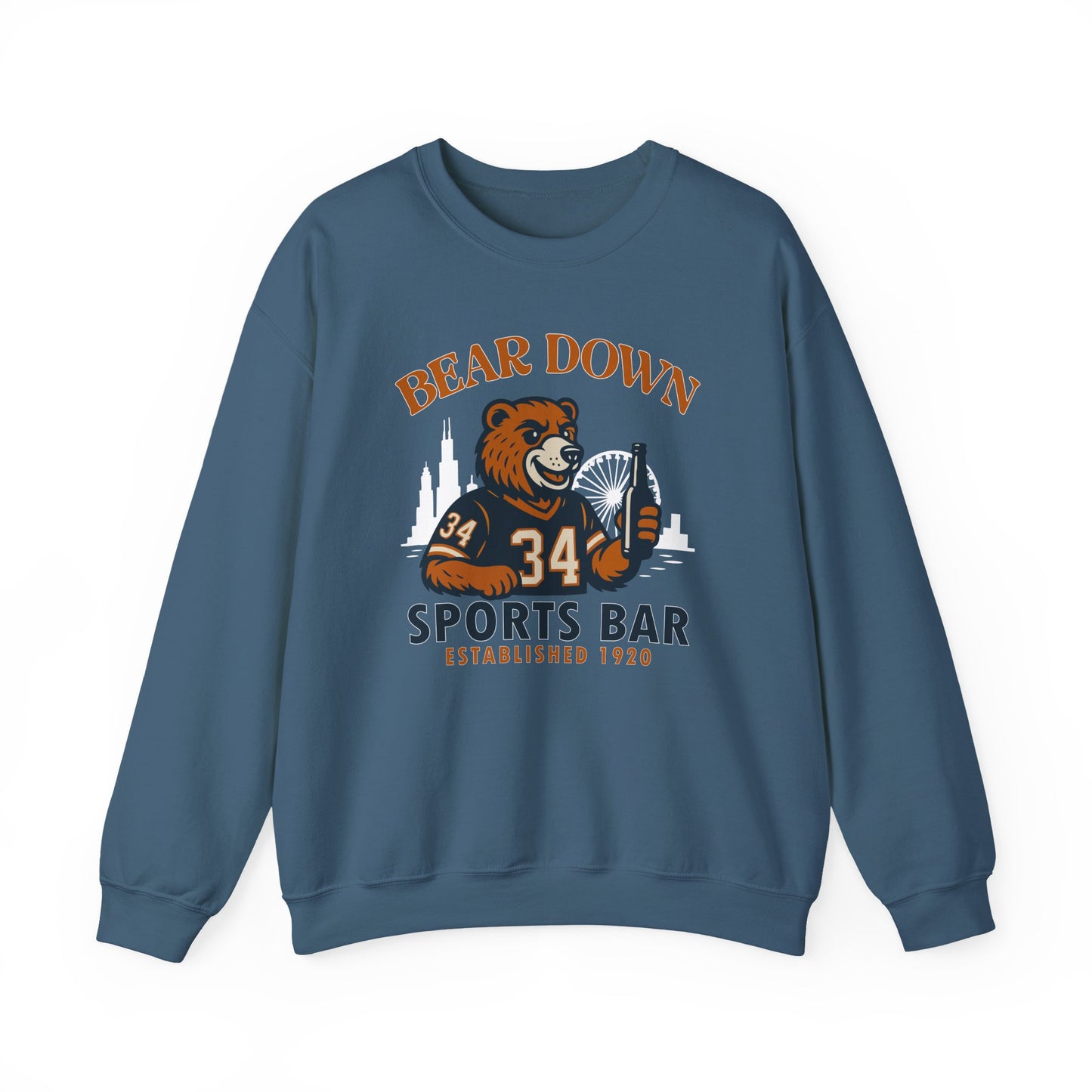Bear Down Sports Bar - Chicago Bear Drinking a Beer - Chicago Skyline - Unisex Crewneck Sweatshirt
