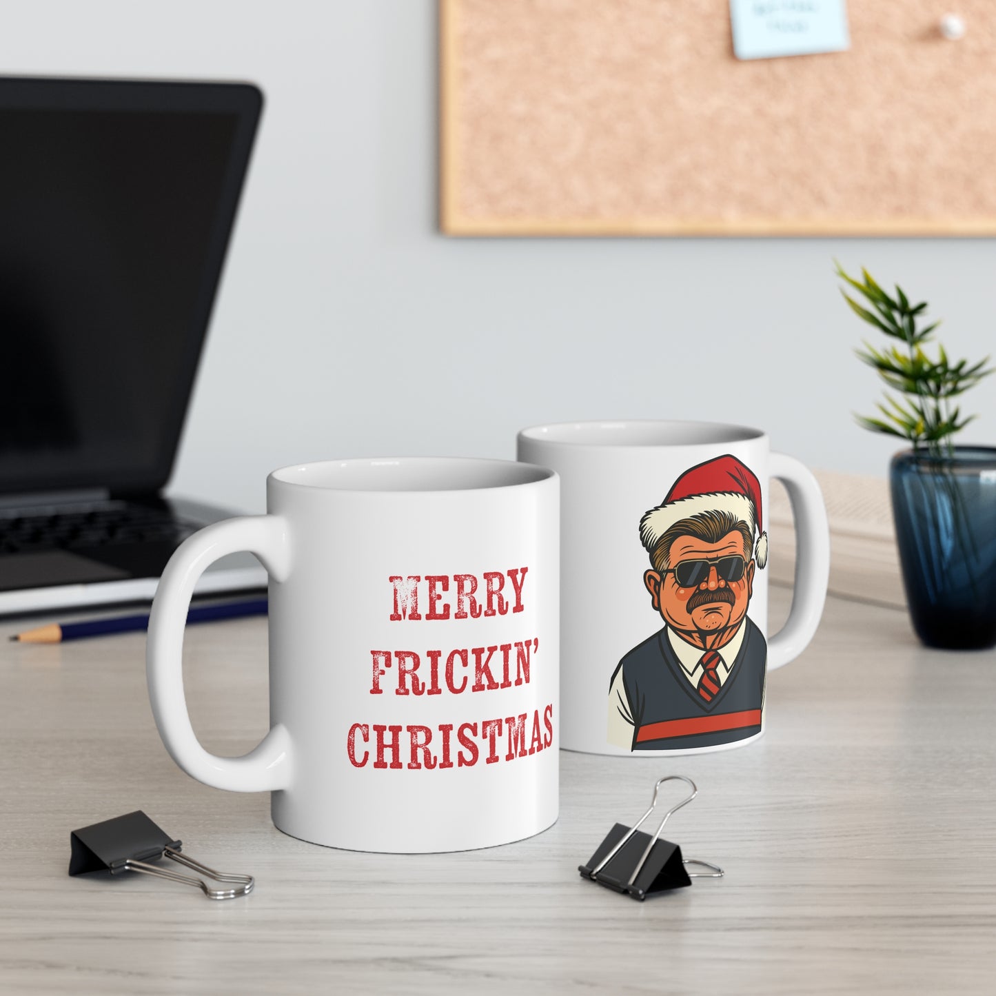 Funny Mike Ditka Santa - Merry Frickin’ Christmas - 11 oz White Ceramic Coffee Mug for Bears Fans