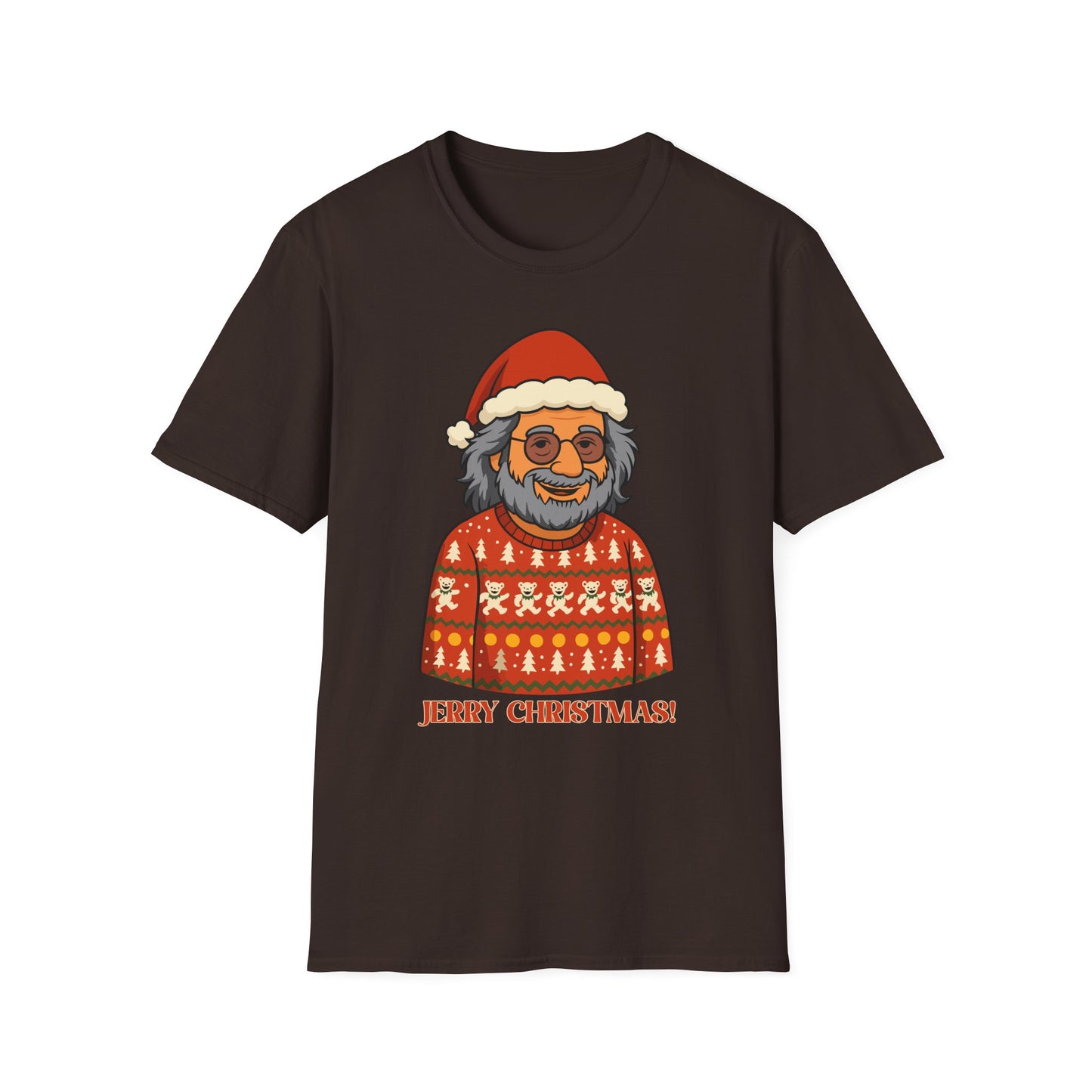 Jerry Garcia Ugly Christmas Sweater T-Shirt – Dancing Skeletons in Elf Hats, Funny Grateful Dead Holiday Unisex Softstyle T-Shirt