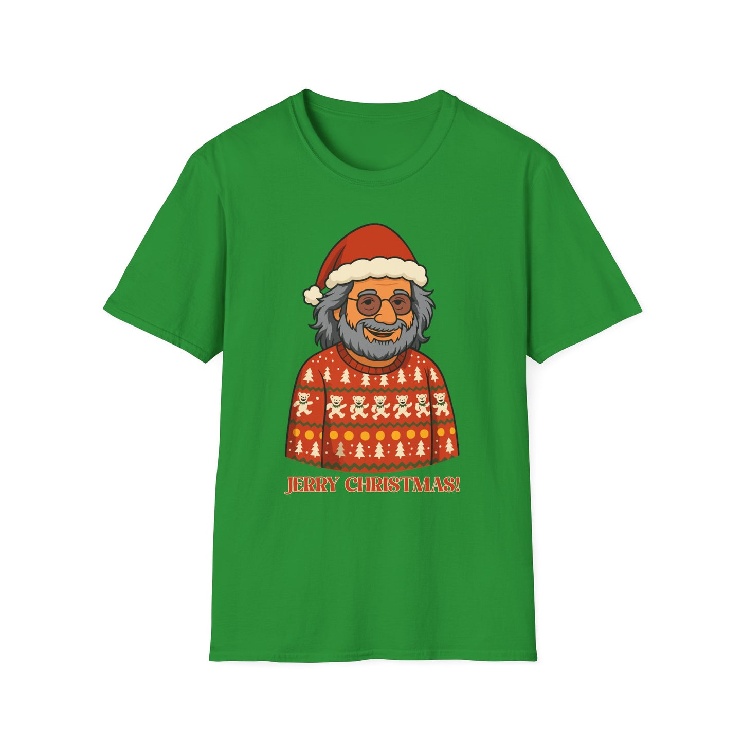 Jerry Garcia Ugly Christmas Sweater T-Shirt – Dancing Skeletons in Elf Hats, Funny Grateful Dead Holiday Unisex Softstyle T-Shirt