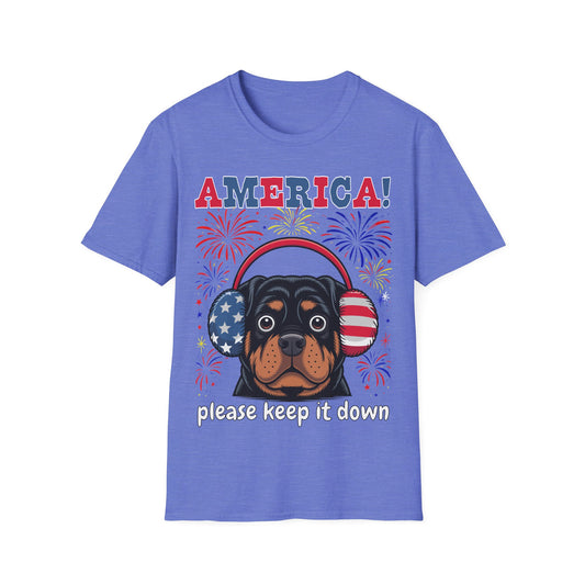 America! Please Keep It Down Dog Shirt – Funny 4th of July Fireworks Anxiety Unisex T-Shirt